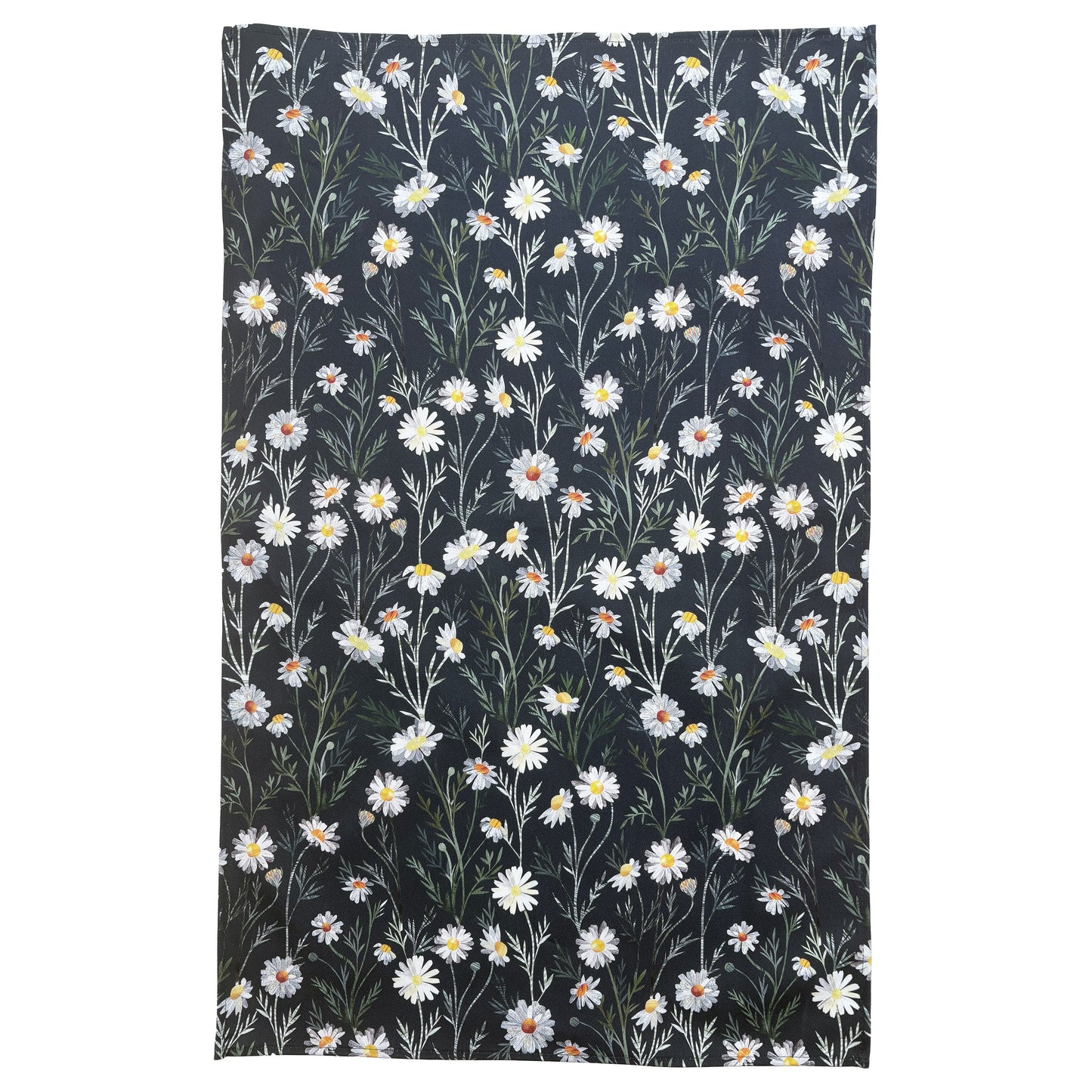 An opened out Daisy Tea Towel has been placed on a plain white background.