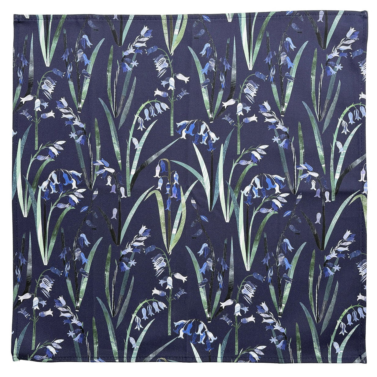 Bluebell patterned fabric with floral pattern on a Navy background.
