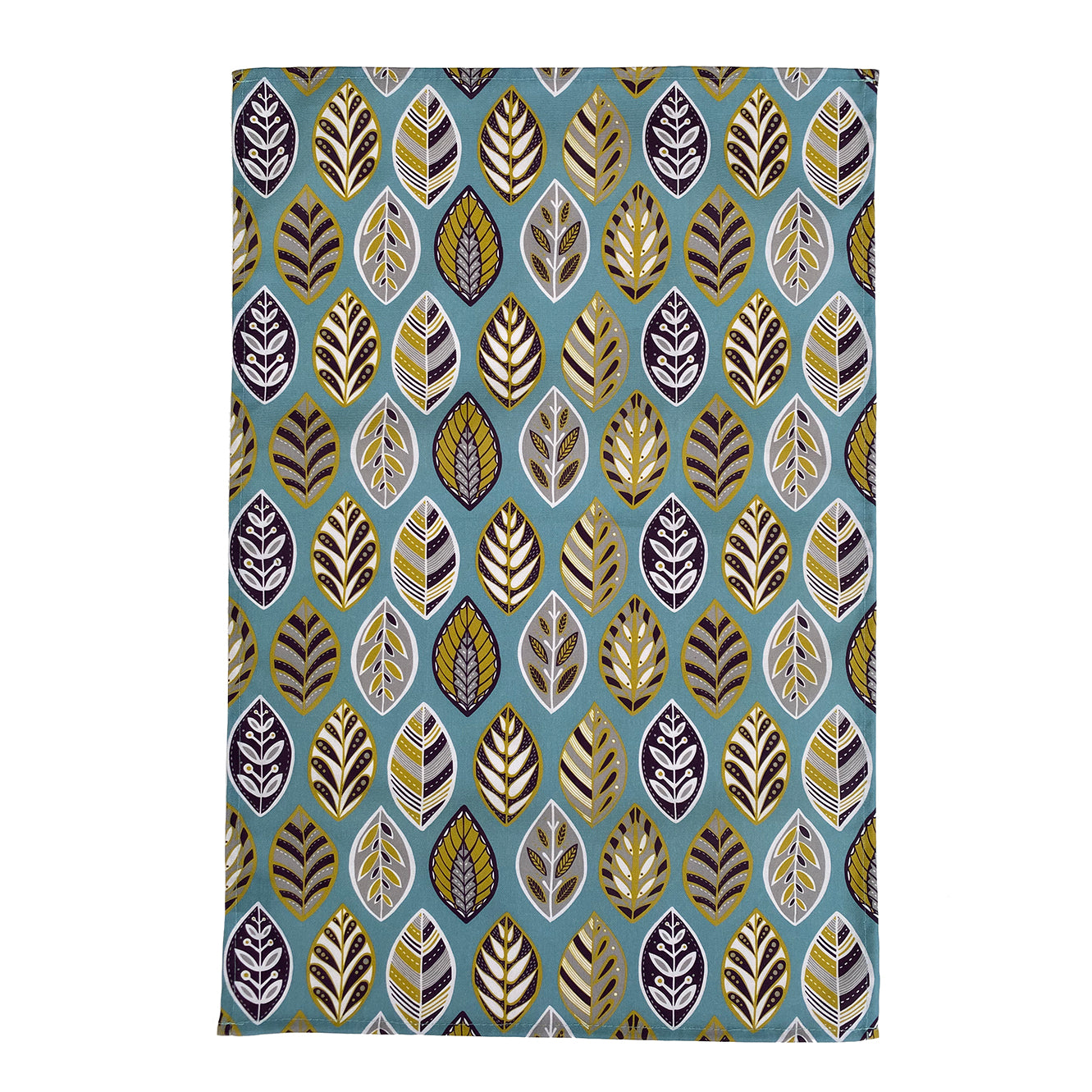 An opened out Blue Beech leaf Tea Towel on a white background.