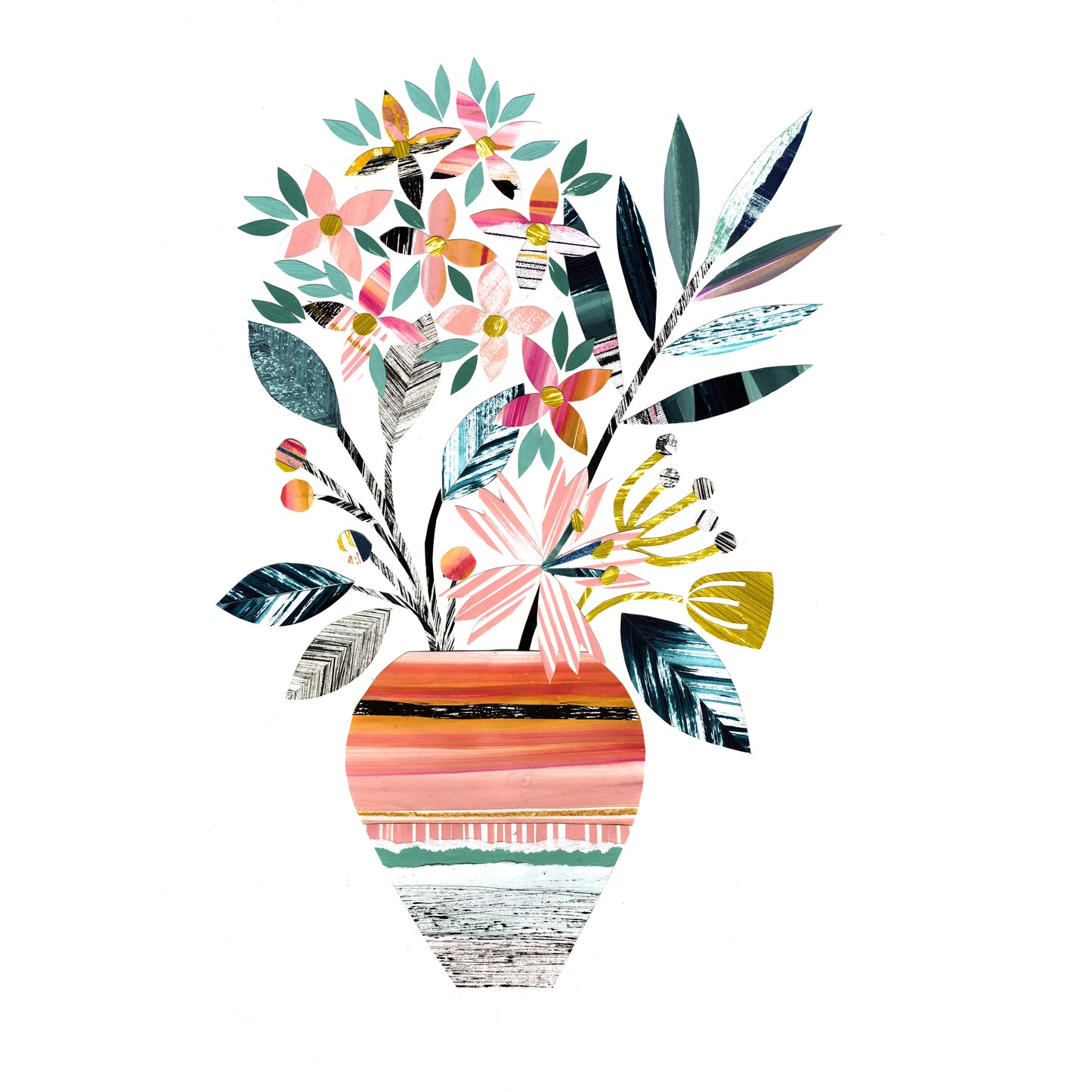 Colourful vase with floral design on a off white background.