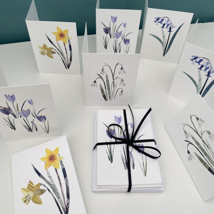 a pack of cards have been placed on a white shelf with a blue green background.  The cards feature different spring flower prints.