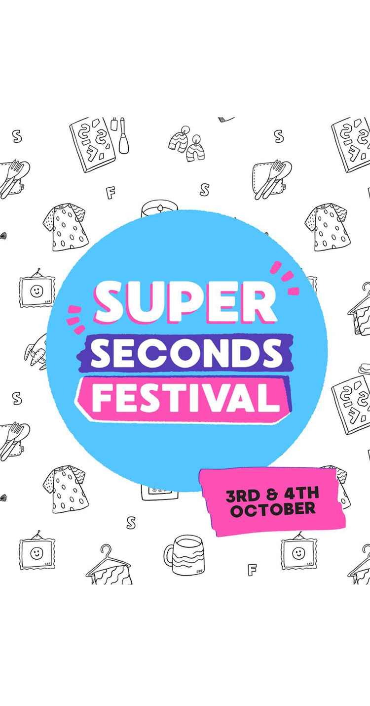 A blue circle with the words Super Seconds Festival in pink, white and purple.