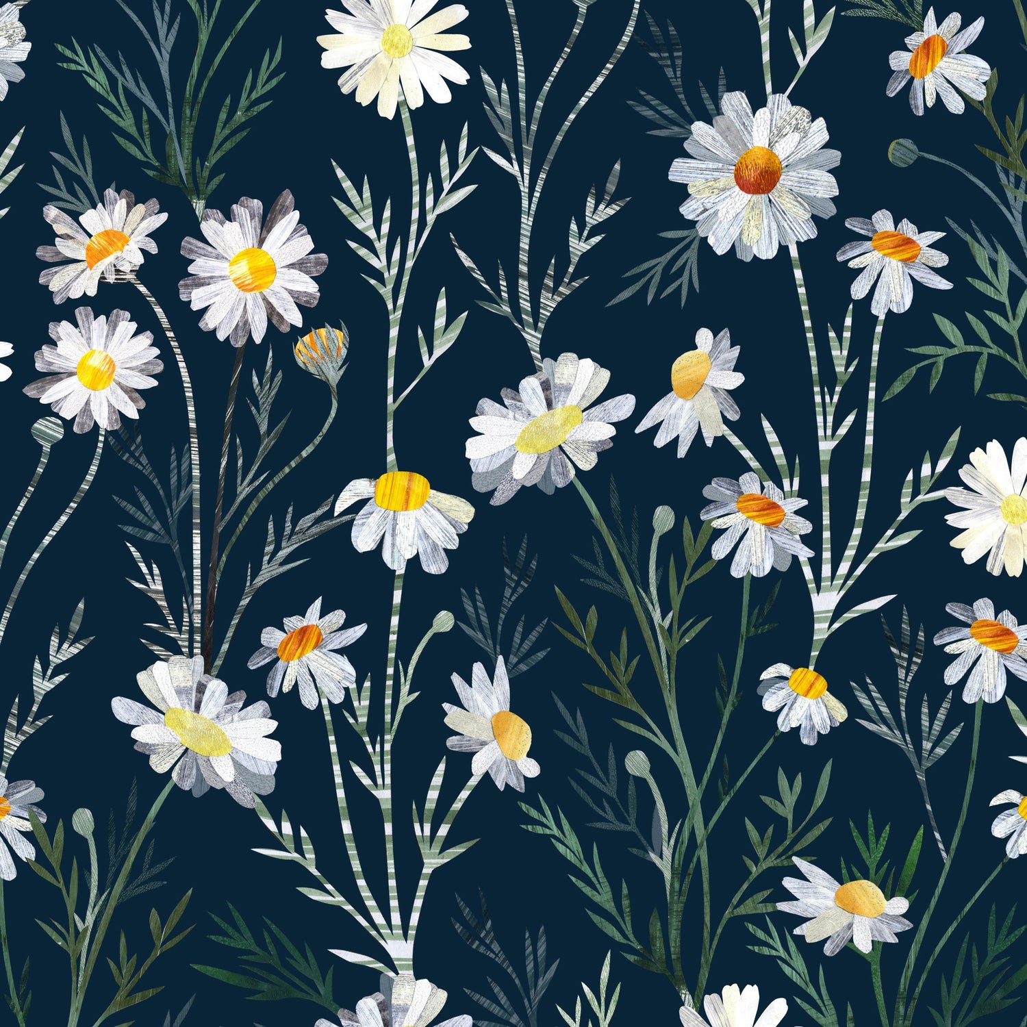 image showing a detail of the all over white daisy pattern on a navy Blue background