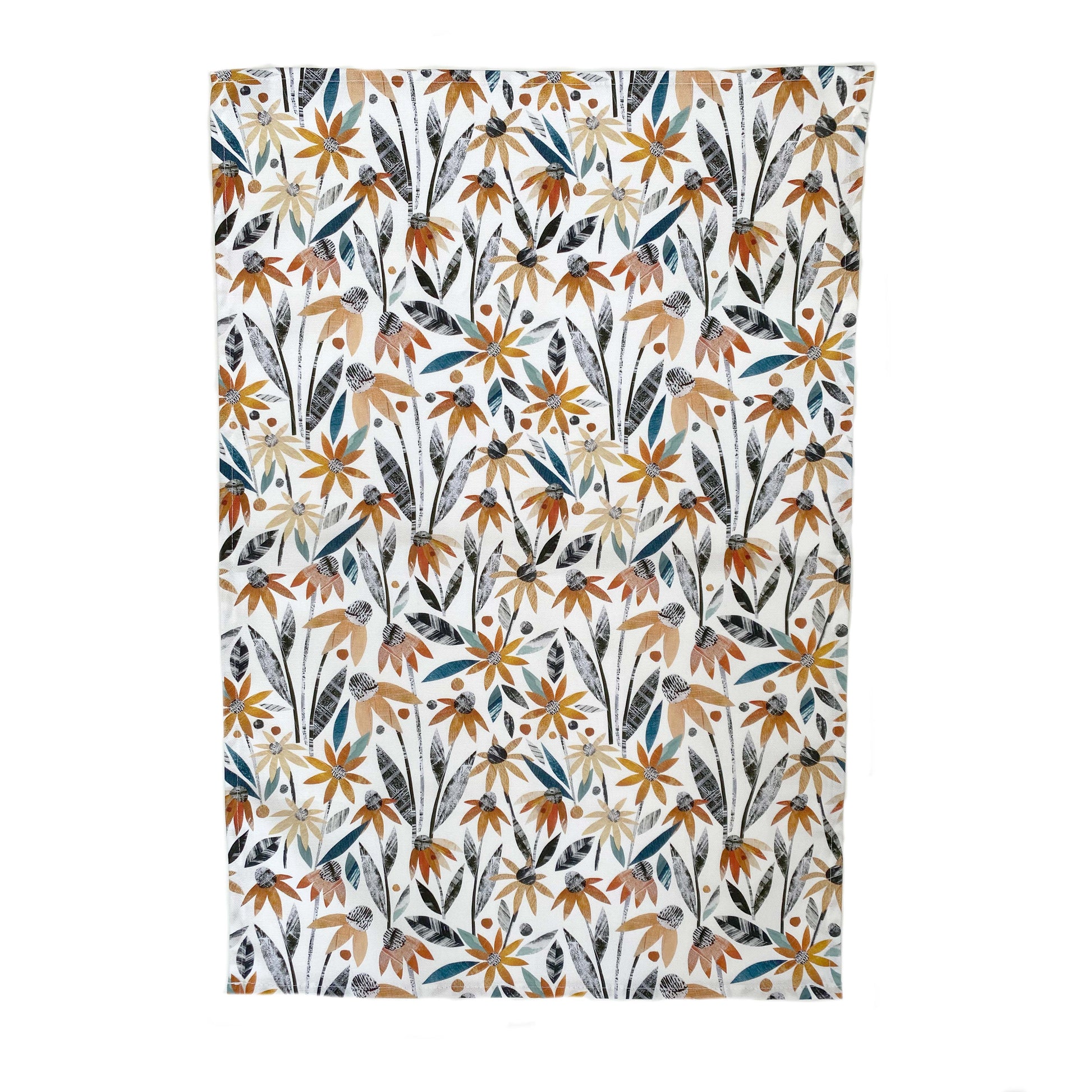 A whole Rudbeckia Tea Towel featuring Orange Conflowers with soft Green and Grey Leaves on a plain white background is shown on a white background.