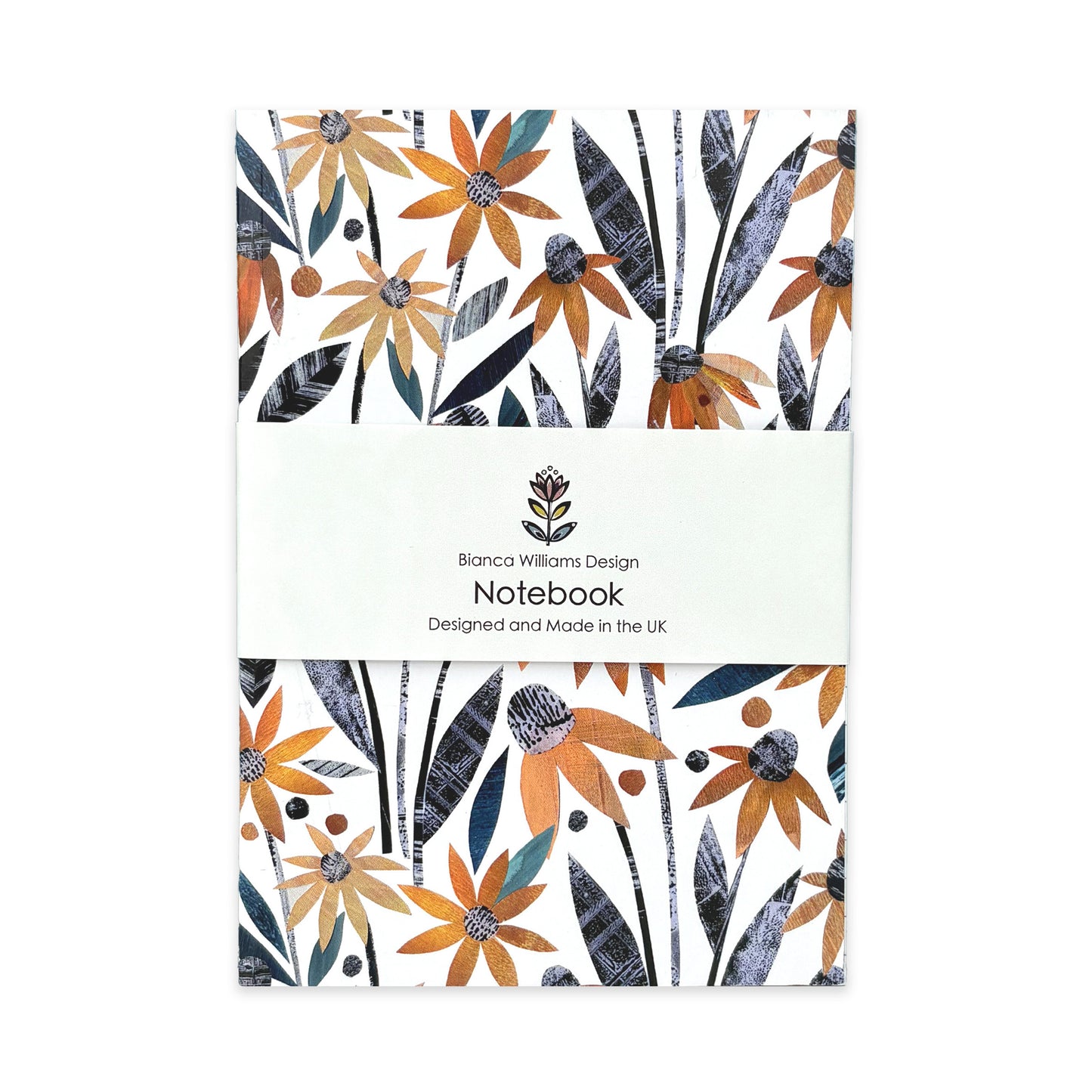 An Autumn Floral Notebook with branded belly band has been placed on a plain white background.