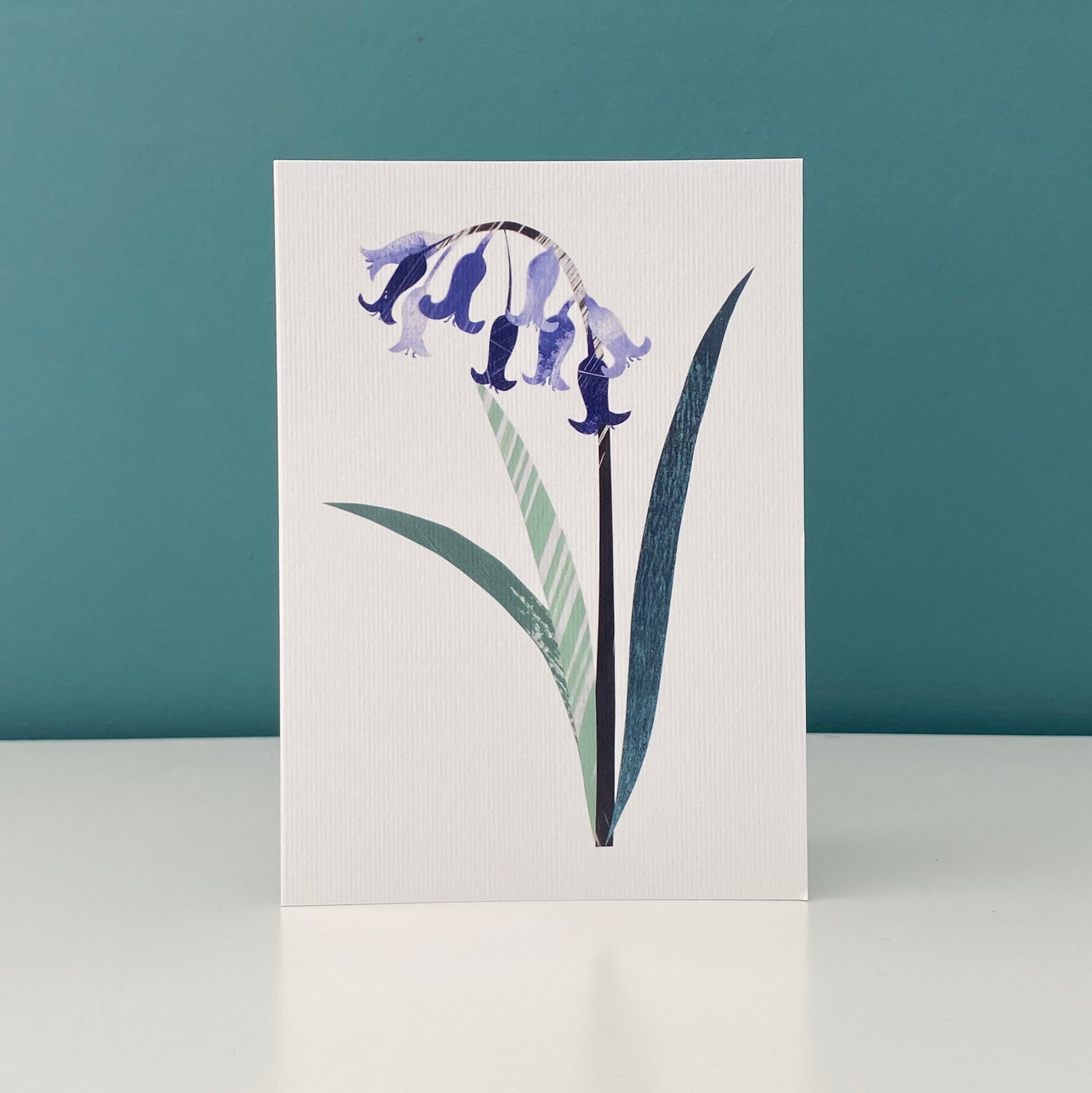 A card featuring a single Bluebell flower with green leaves on a white background has been stood on a white shelf against a blue green background.