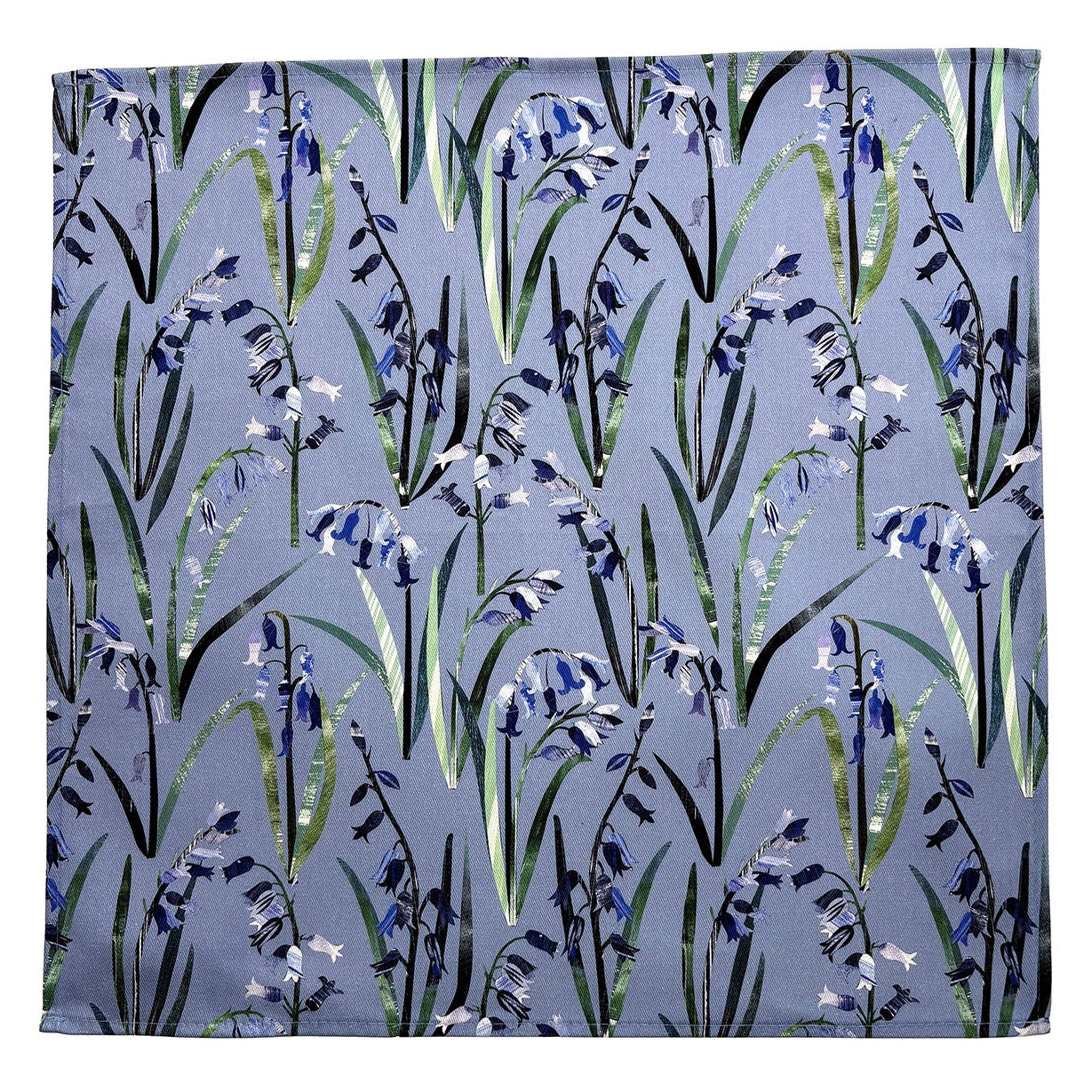 Bluebell patterned fabric with blue and green floral design on a light blue background.