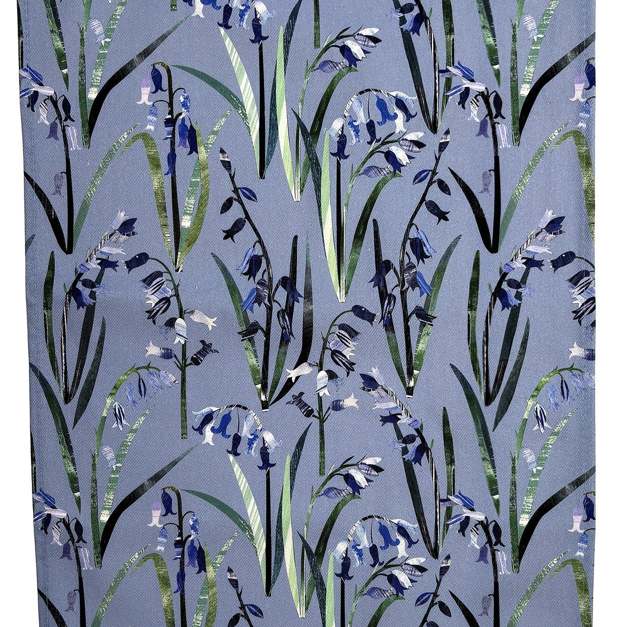 Floral pattern with blue bluebells and green leaves on a blue background.