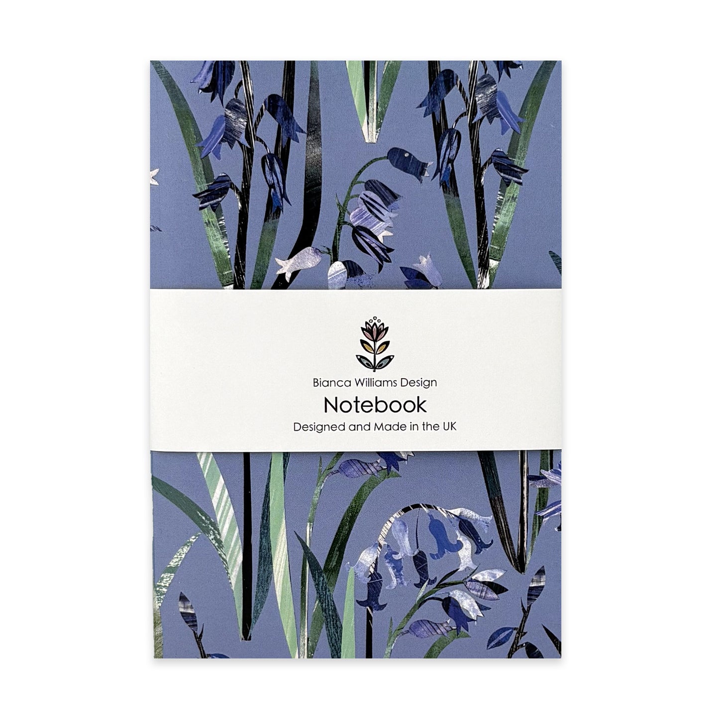 A Bluebell Notebook has been packaged in a branded belly band and has been placed on a white background.