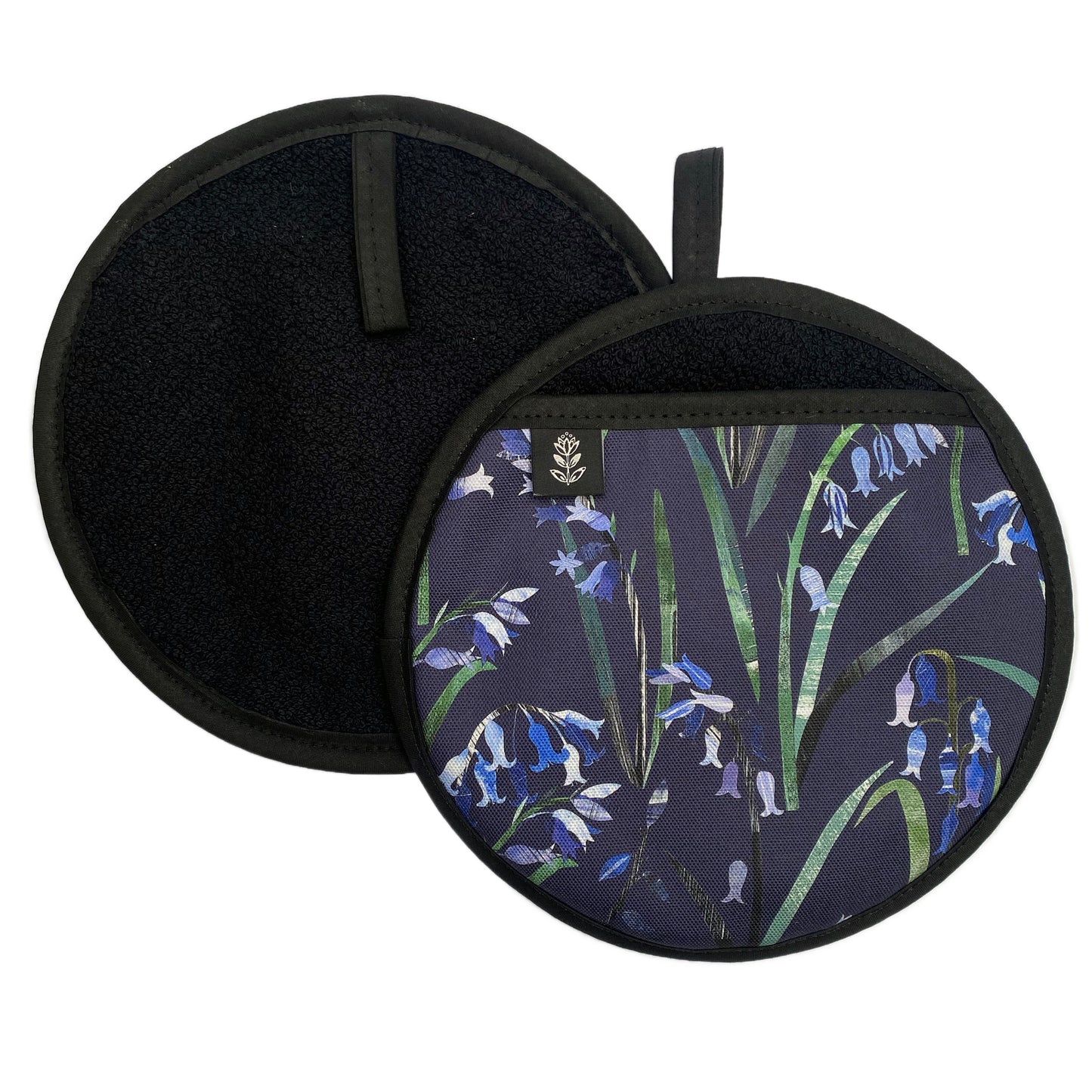 Front and back of a Navy Bluebell pot grab have been placed on a white background.