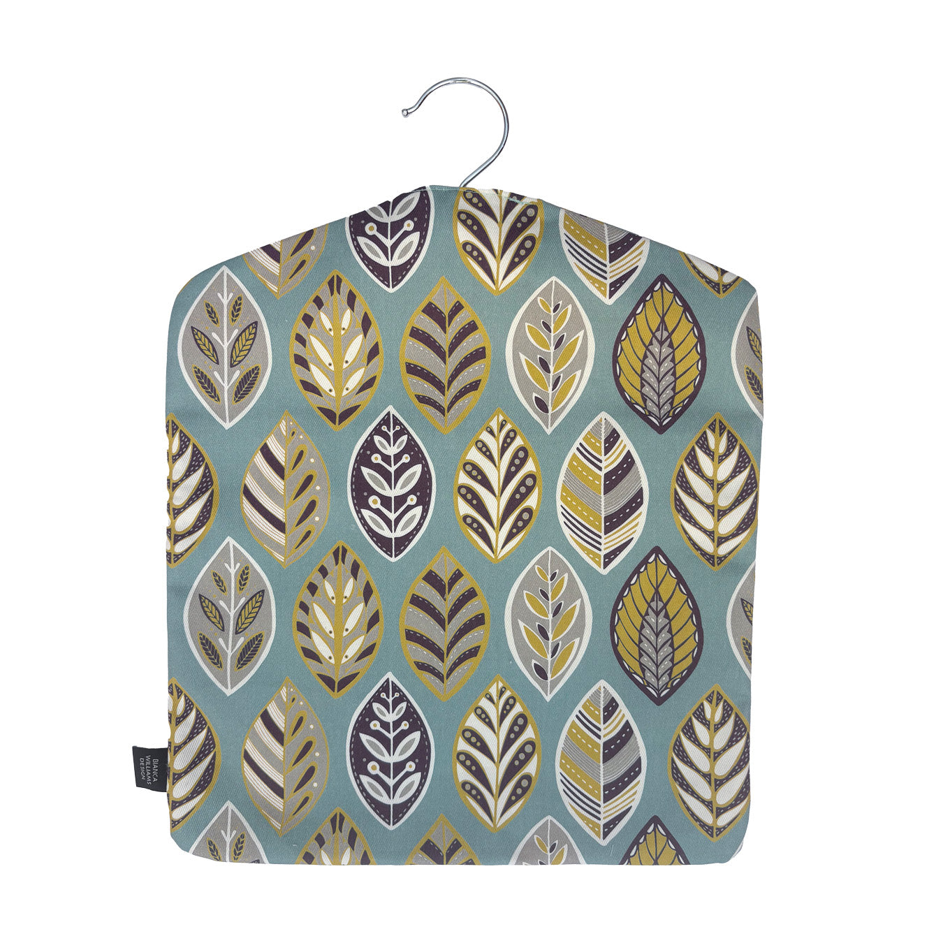 A Blue Leaf peg bag has been placed on a white background.  You can see the metal hook coming out of the top and a black brand label has been sewn into the outside seam.
