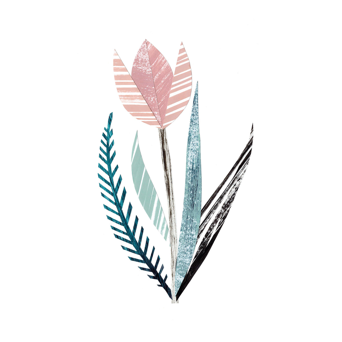 Stylized pink tulip with green and black leaves on a white background