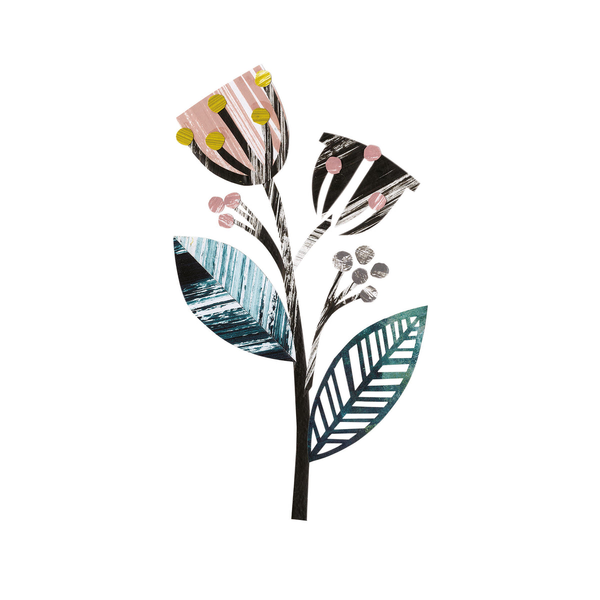 Decorative floral design with black, green, pink, and yellow elements on a white background