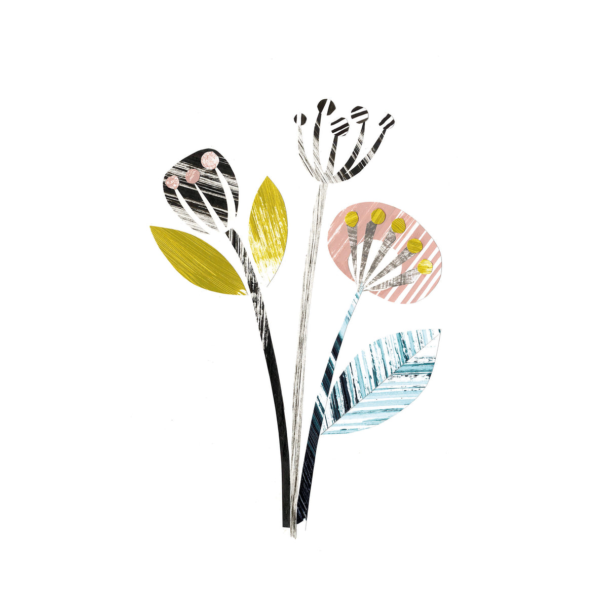 Colorful floral design with black, green, pink, and blue on a white background
