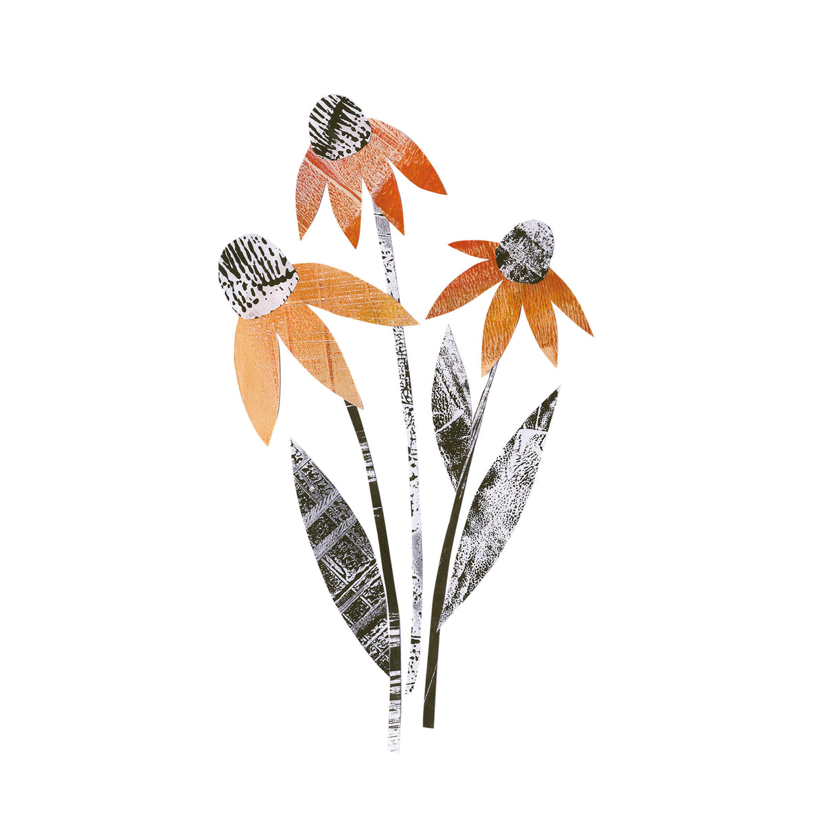 Artistic illustration of orange flowers with black and white details on a white background