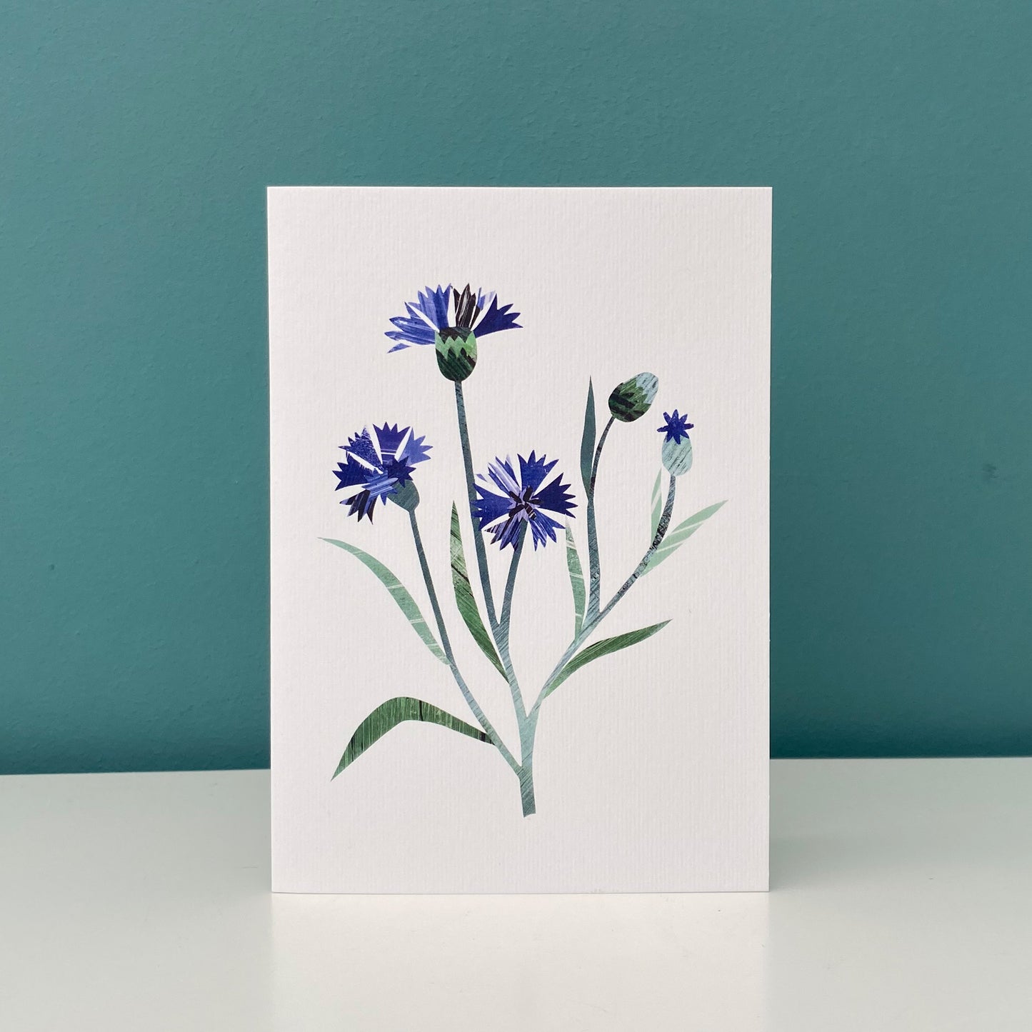 A Corn Flower greeting card featuring unique hand collaged design with Blue Corn Flowers and green leaves on a plain white background has been stood up on a white shelf against a blue/green background.