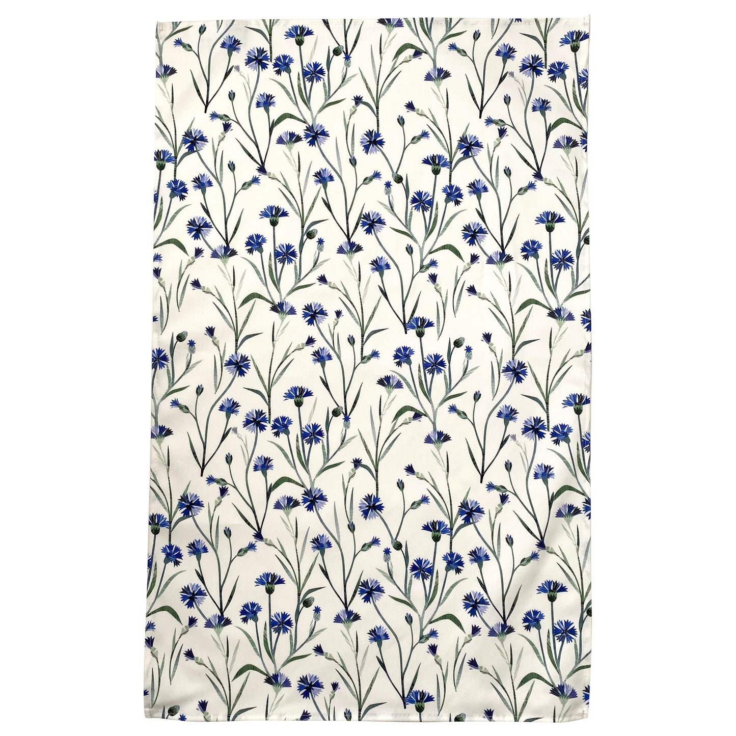 A opened out Cornflower Tea Towel featuring pretty Blue Flowers with green leaves on a white background has been placed on a white background.