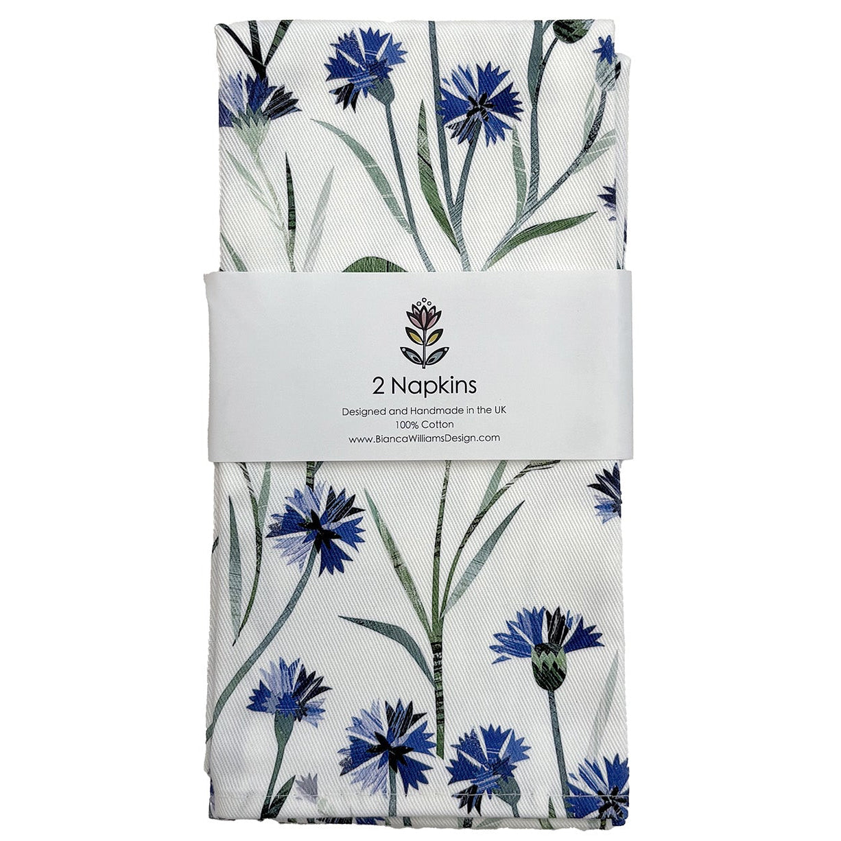 Pack of two napkins with blue floral design on a white background, packaged in a branded belly band.