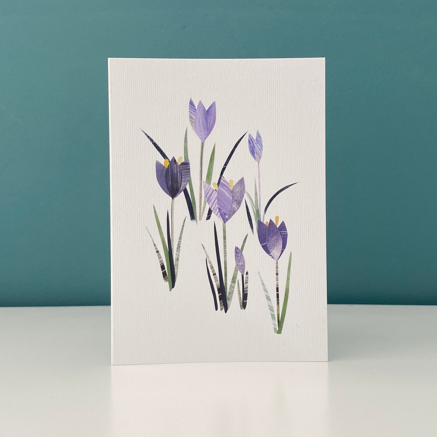 A Crocus Greeting card featuring  delicate lilac crocus flowers with green leaves on a white background.  The card has been stood on a white shelf against a blue green background.