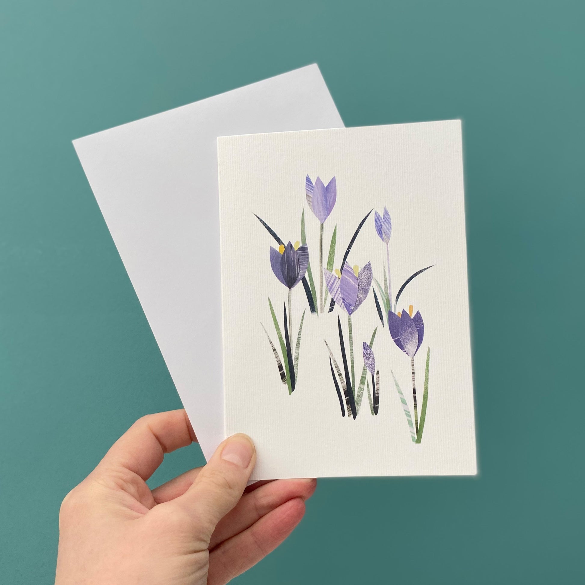 A Crocus Greeting card featuring  delicate lilac crocus flowers with green leaves on a white background.  The card is being held with a white envelope against a blue green background.