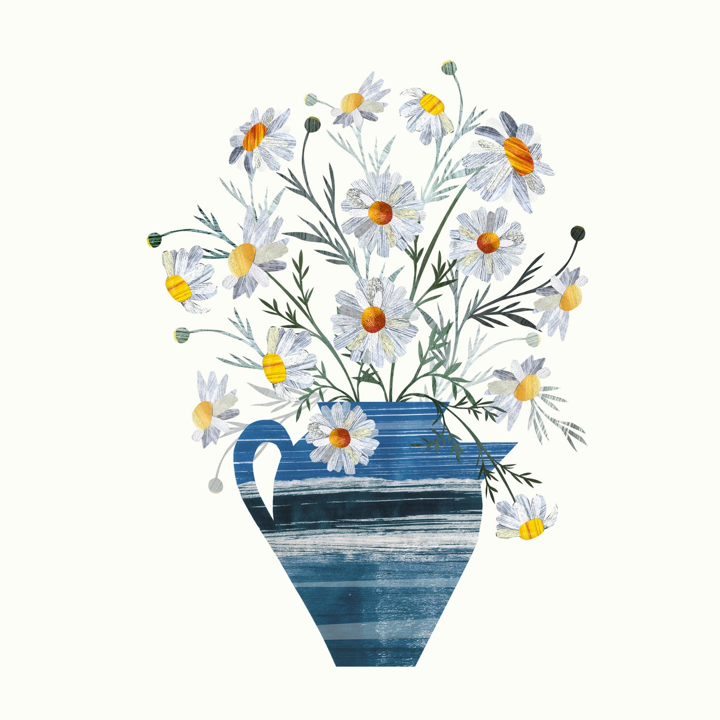 Blue vase with white Daisies on a white background.