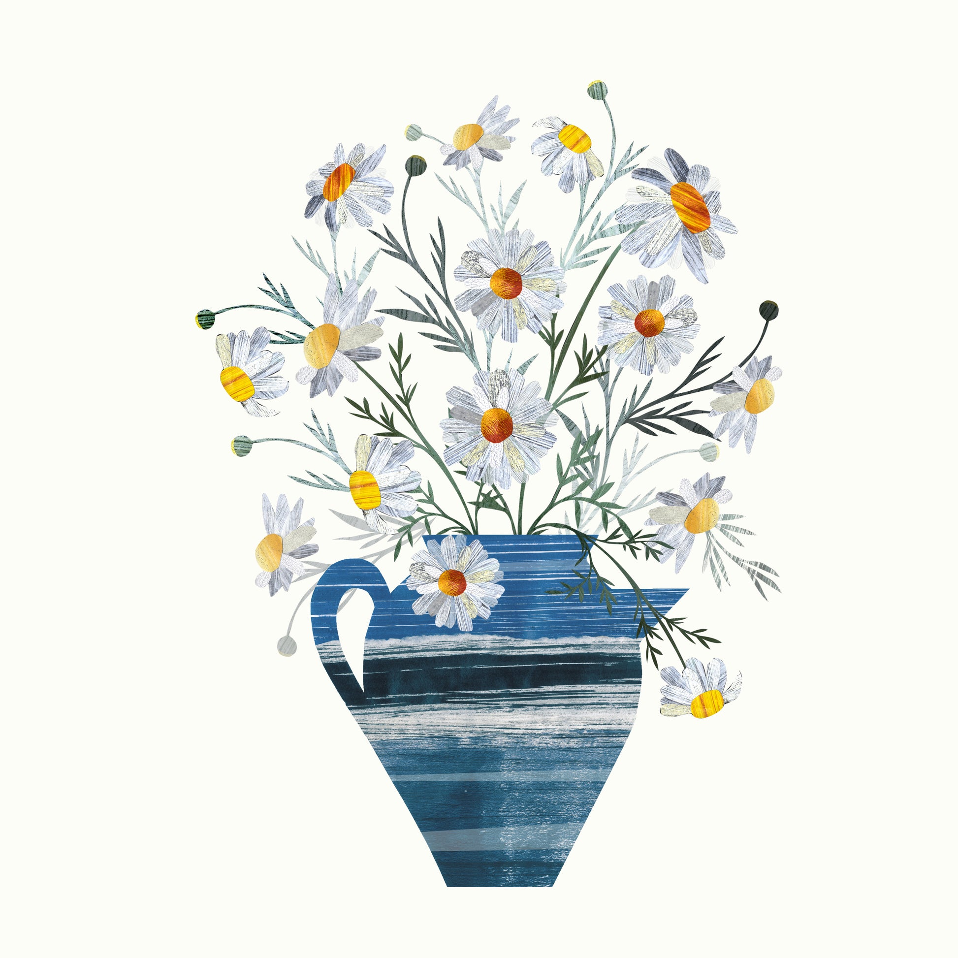 Blue vase with white Daisies on a white background.