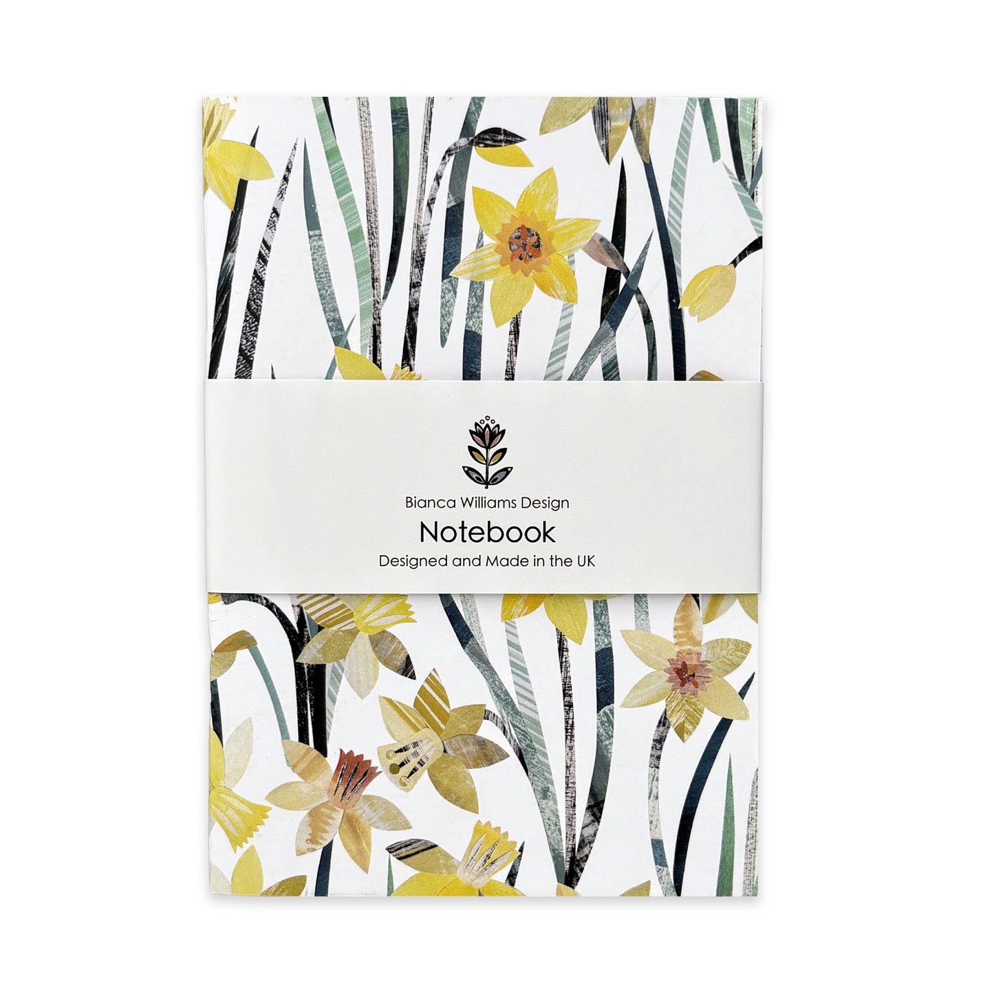 A Daffodil Notebook has been packaged in a branded belly band and has been placed on a plain white background.