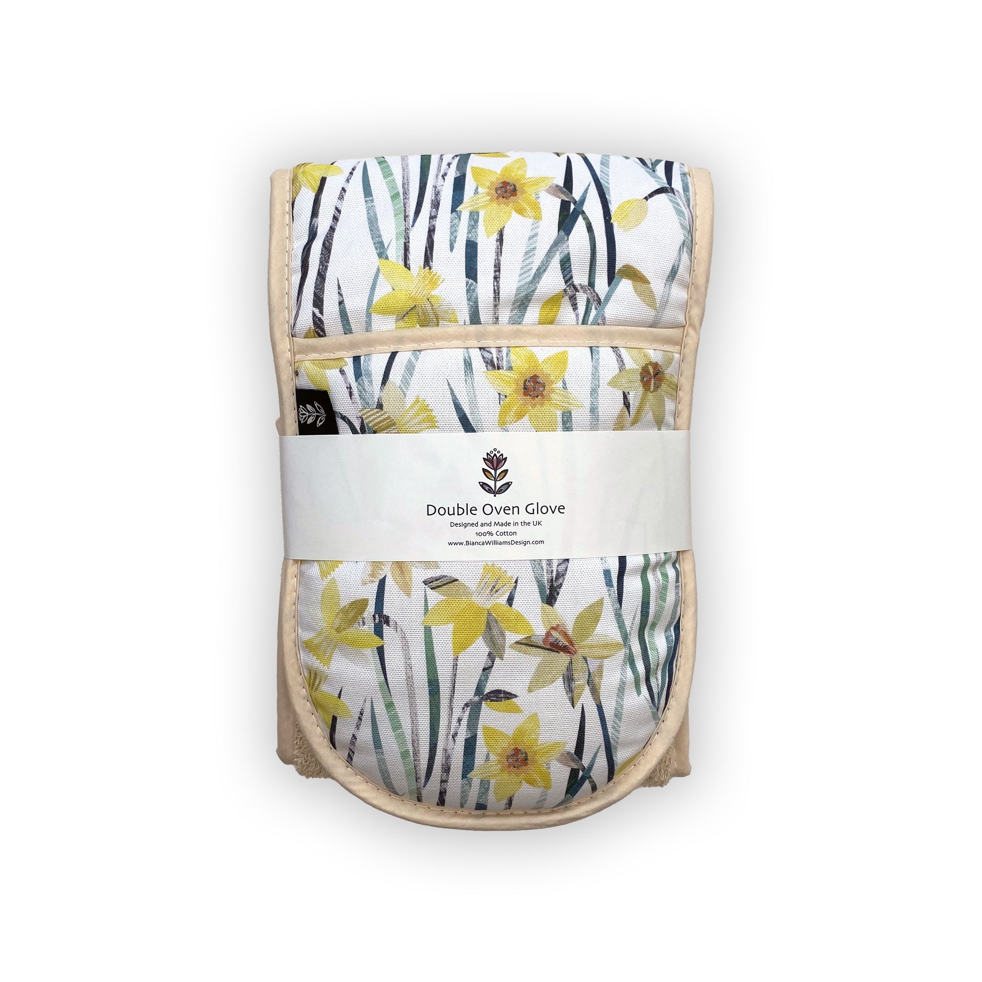 Packaged Daffodil Oven Gloves with a Branded white Belly band, on a white background.