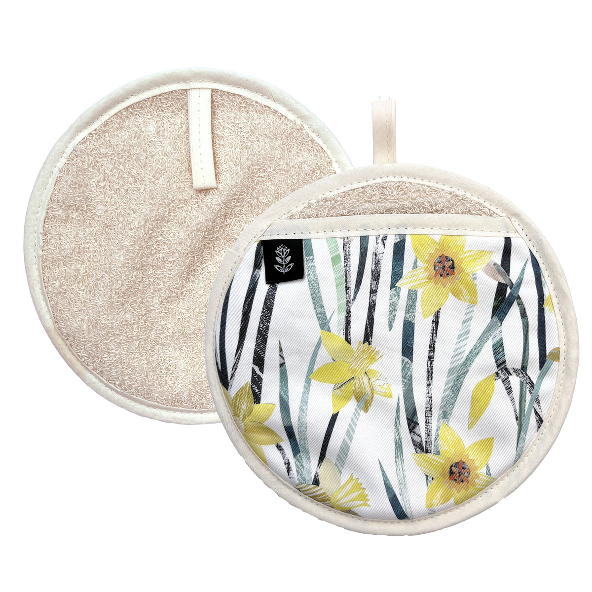 Two round fabric potholders on a white background, one showing the floral front design with yellow daffodils and green stems, and the other showing the textured beige back side.