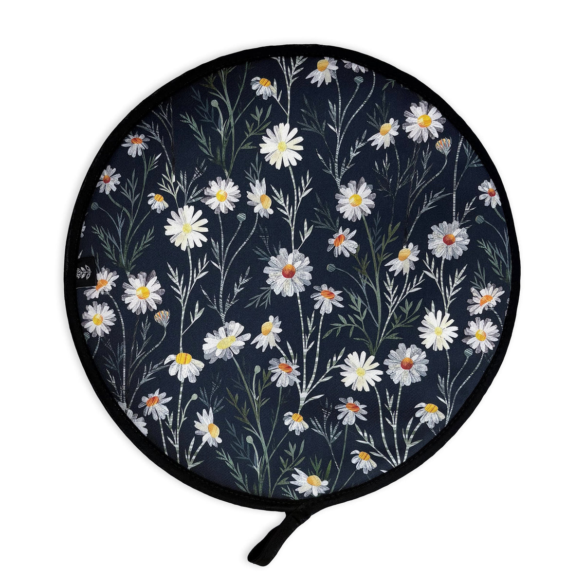 A Daisy Aga cover has been placed on a plain white background.  It features a pretty white Daisy pattern with green textured leaves on a dark Navy Blue background.