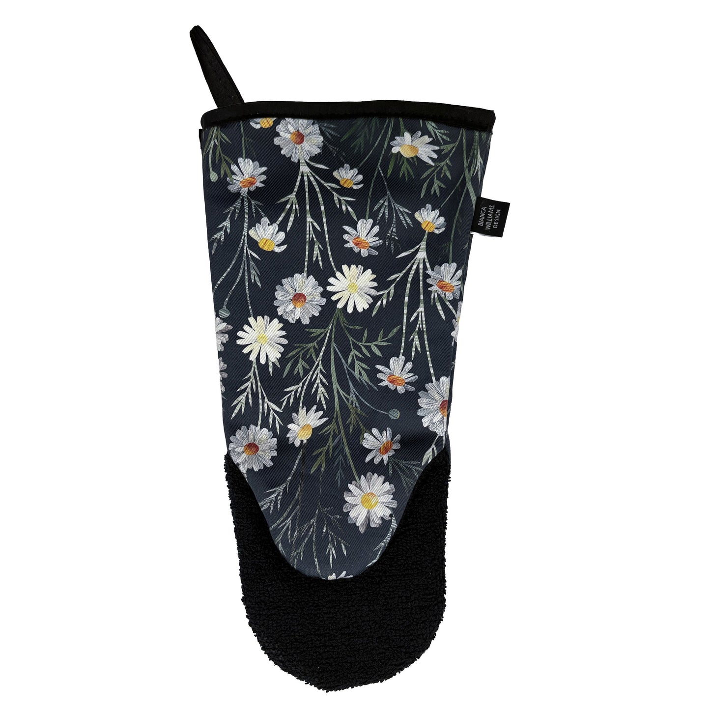 The reverse of a Daisy long Oven Mitt can be seen on a plain white background.  You can also see the black towelling protection on the pad of the hand.