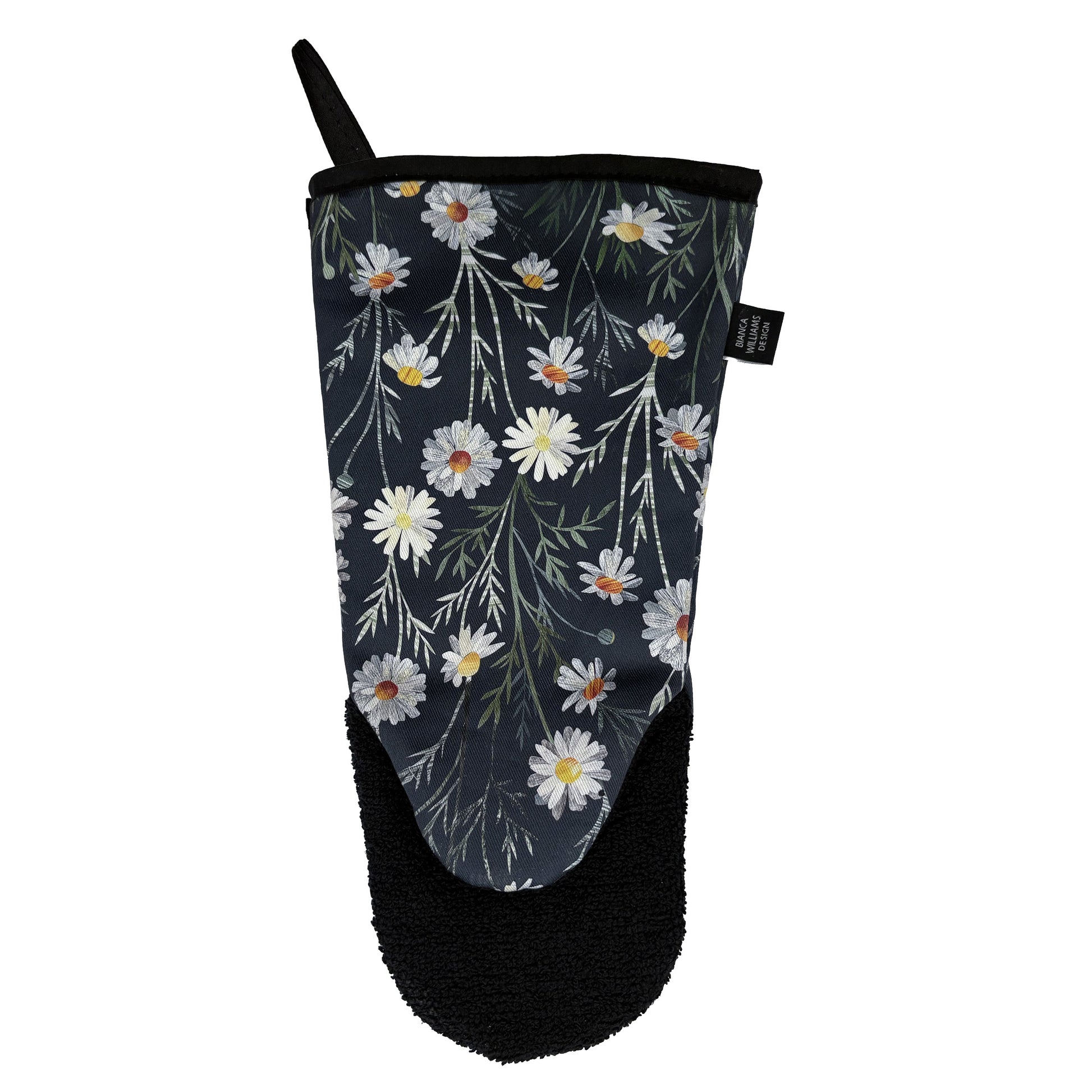 The reverse of a Daisy long Oven Mitt can be seen on a plain white background.  You can also see the black towelling protection on the pad of the hand.
