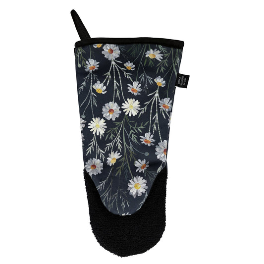 The reverse of a Daisy long Oven Mitt can be seen on a plain white background.  You can also see the black towelling protection on the pad of the hand.
