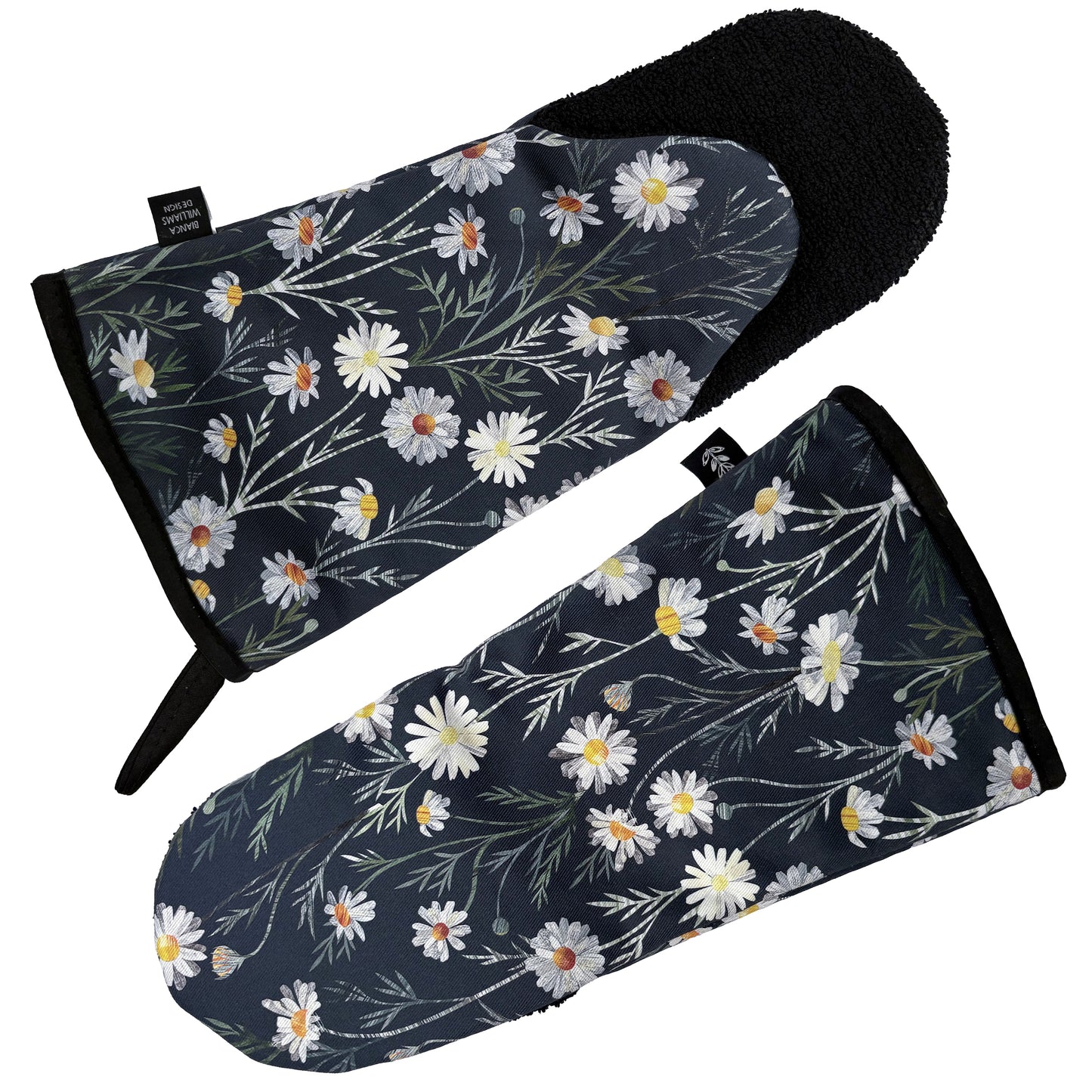 The front and back of a pair of Navy Daisy Long Oven Gloves have been placed on a white background.
