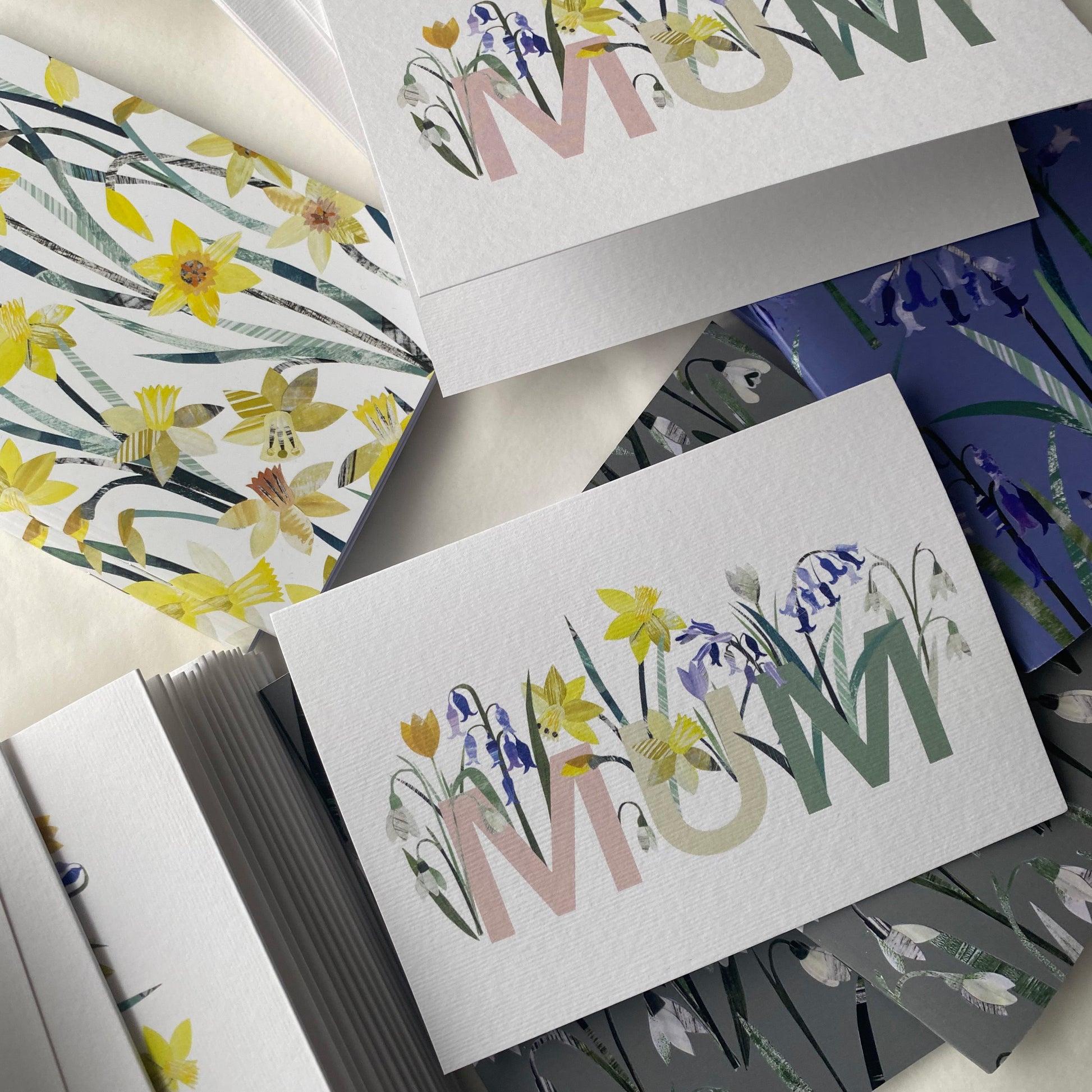 Floral mum card featuring Daffodils, Snowdrops and Bluebells has been pictured with some coordinating Notebooks featuring the same floral motifs.