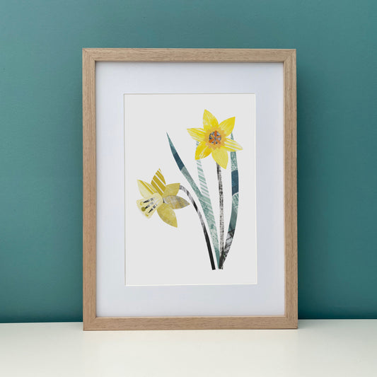 Framed artwork of a A4 print of a Yellow Daffodil Flower.  It has been put on a white shelf against a Teal Wall.
