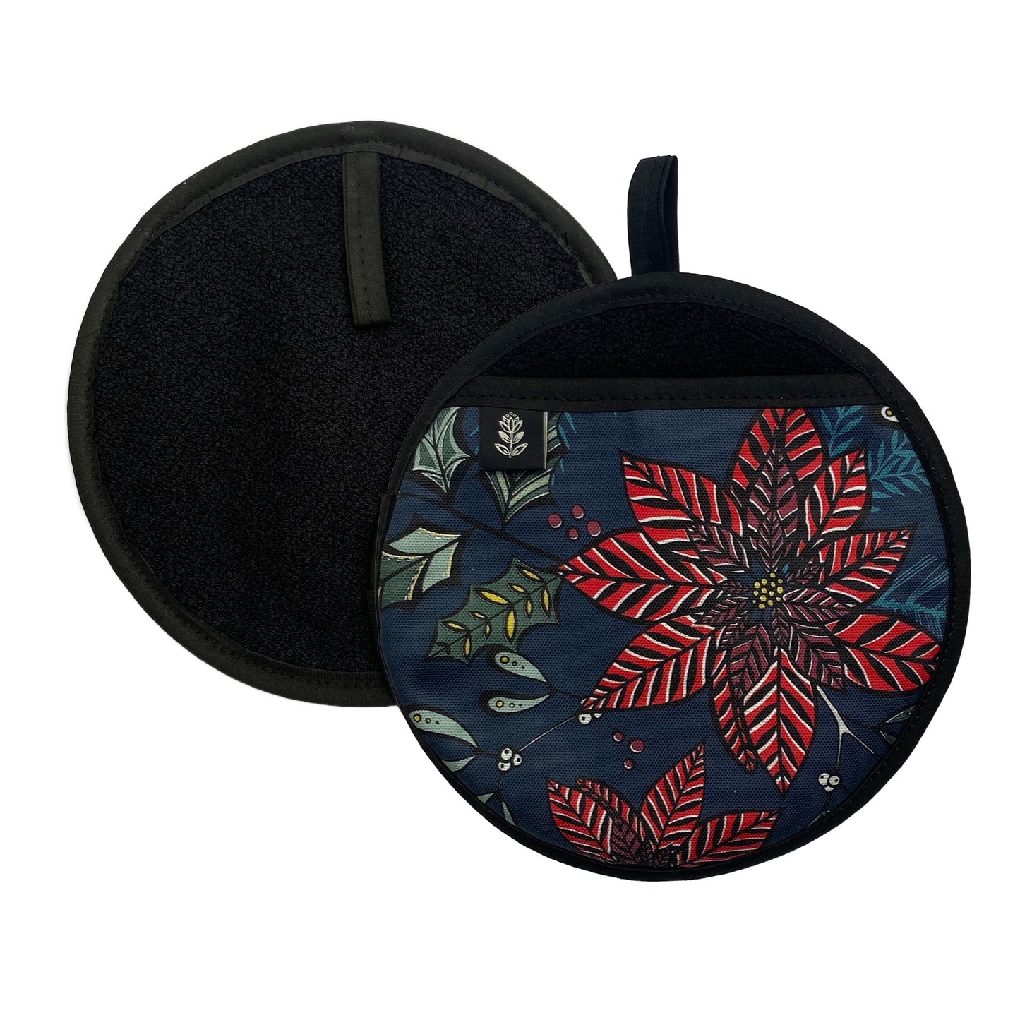 Front and back of a Navy Poinsettia Pot grab have been placed on a white background.
