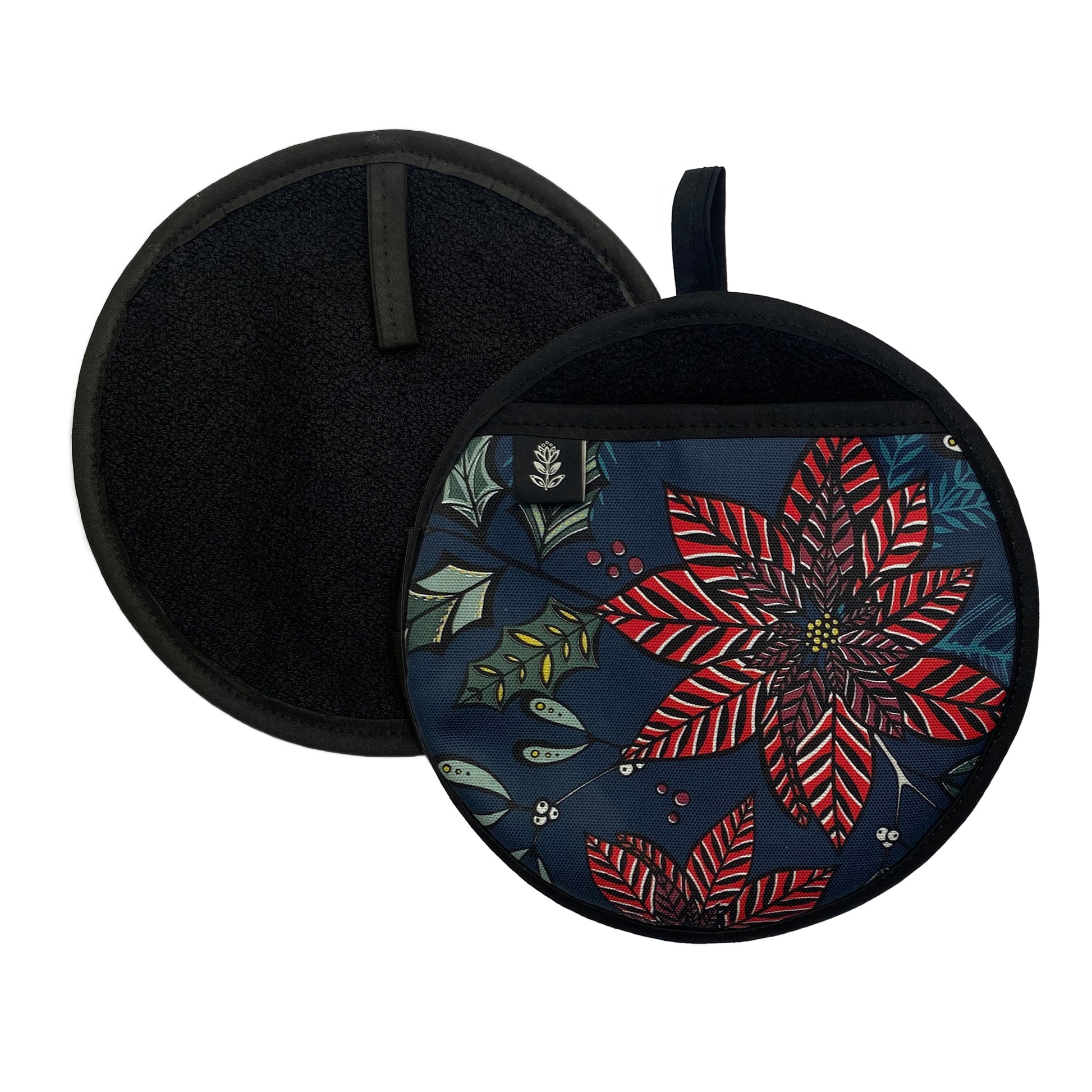 Front and back of a Navy Poinsettia Pot grab have been placed on a white background.