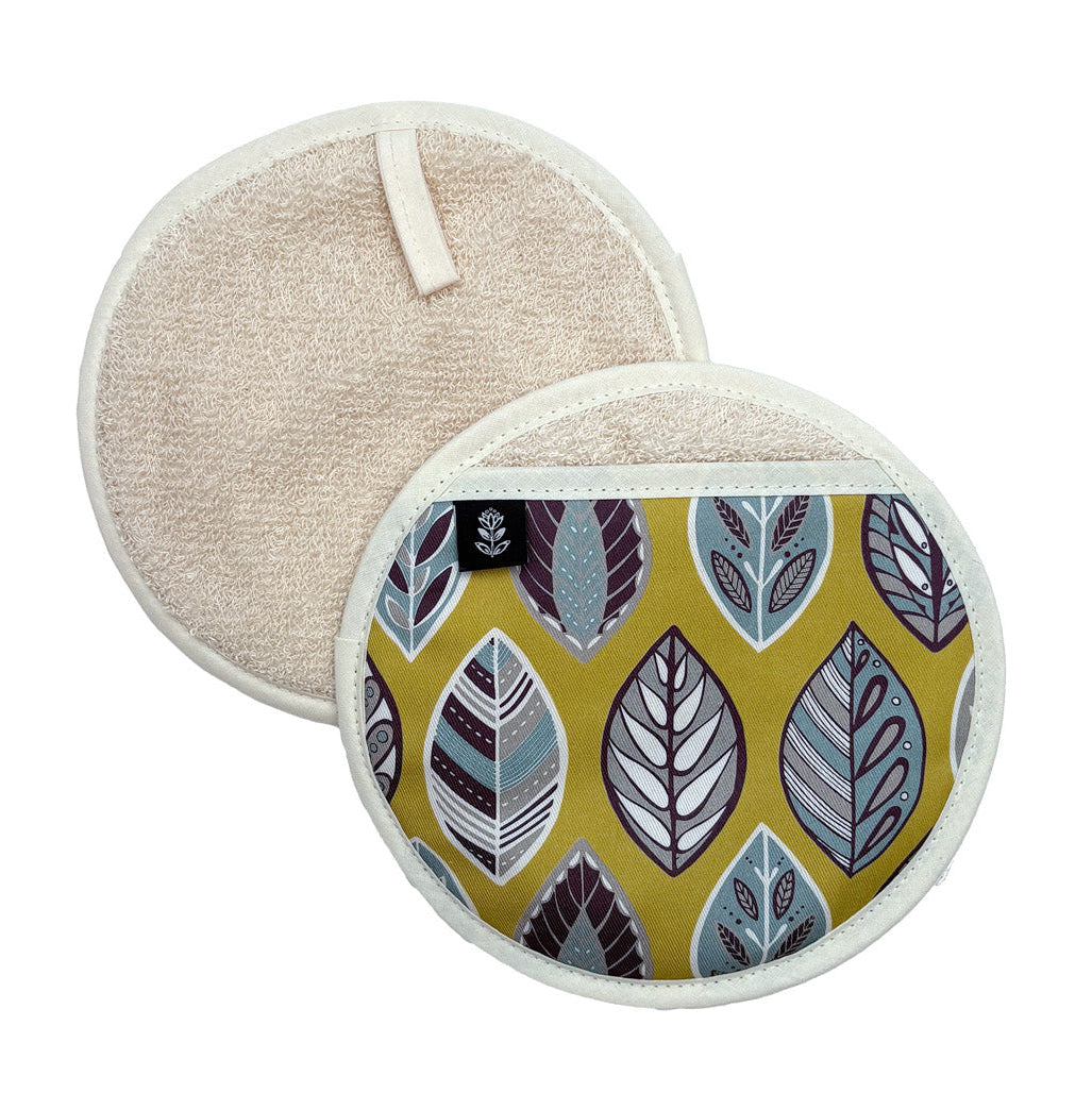 Front and back of Yellow Round Beech leaf pot grab placed on a white background.