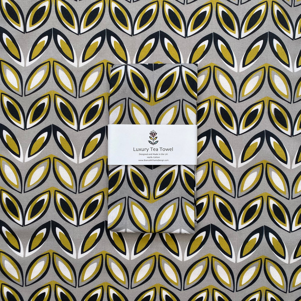 GREY AND YELLOW GEO LEAF TEA TOWEL | END OF LINE