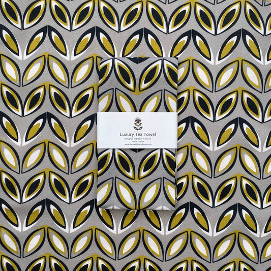 GREY AND YELLOW GEO LEAF TEA TOWEL | END OF LINE
