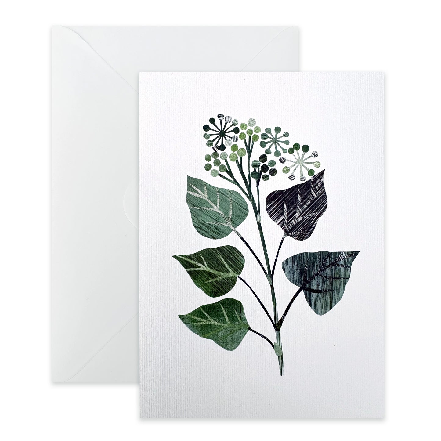 A textured collage of a Green Ivy Leaf on white lightly textured card has been placed on a white background with a white envelope.