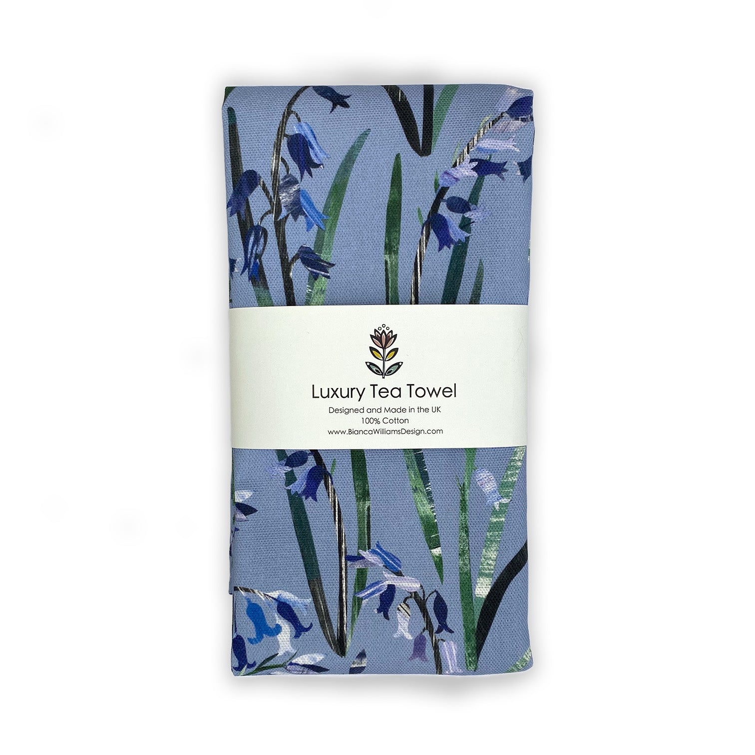 A Light Blue Bluebell tea towel shown in Branded belly band packaging on a plain white background.