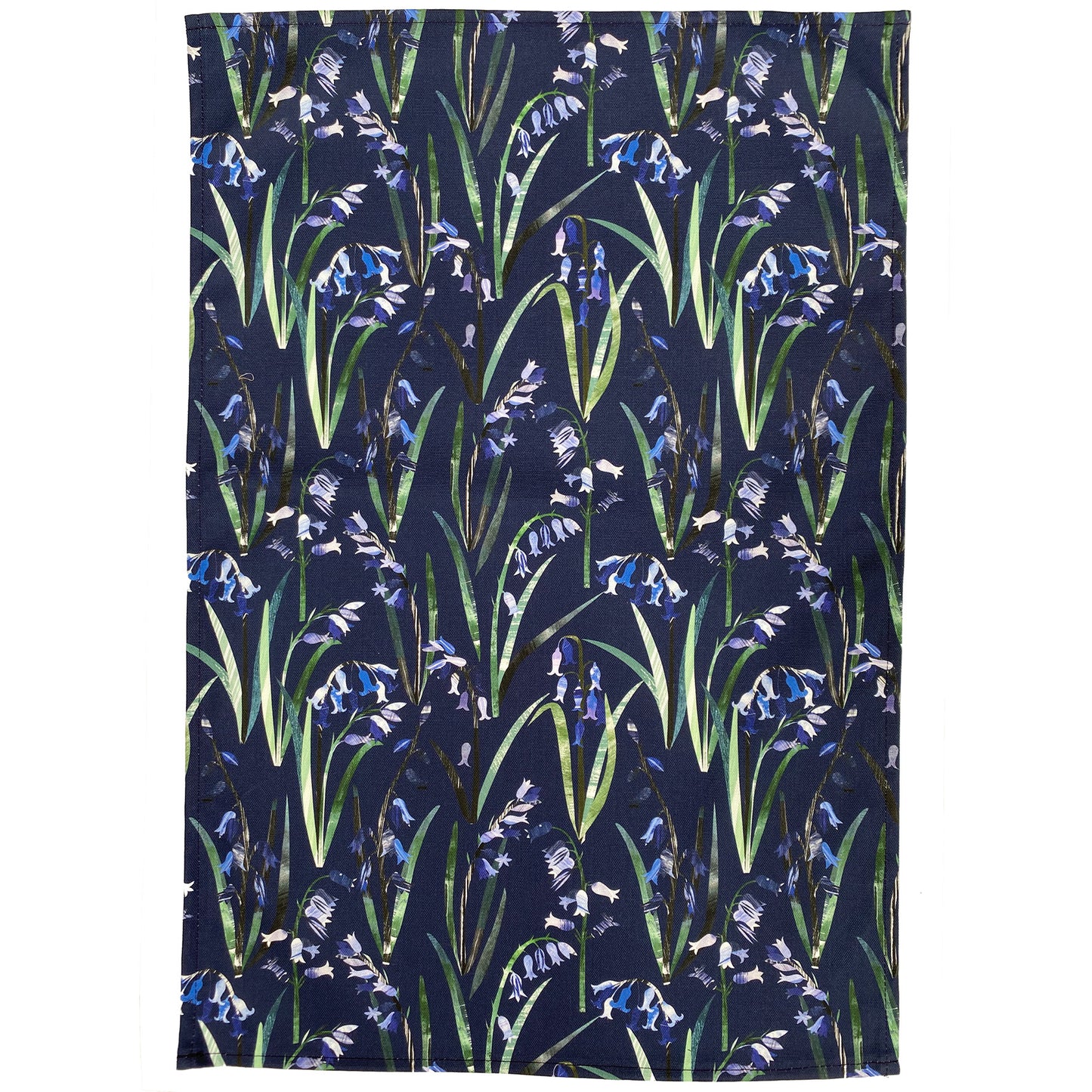 An opened out navy Blue Bluebell Tea Towel on a plain white background.