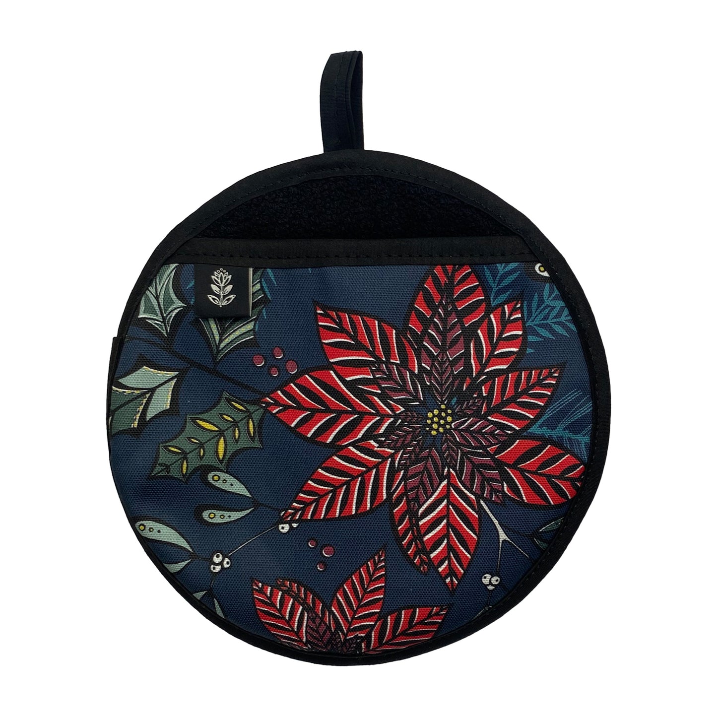 Navy Poinsettia pot holder on a white background.
