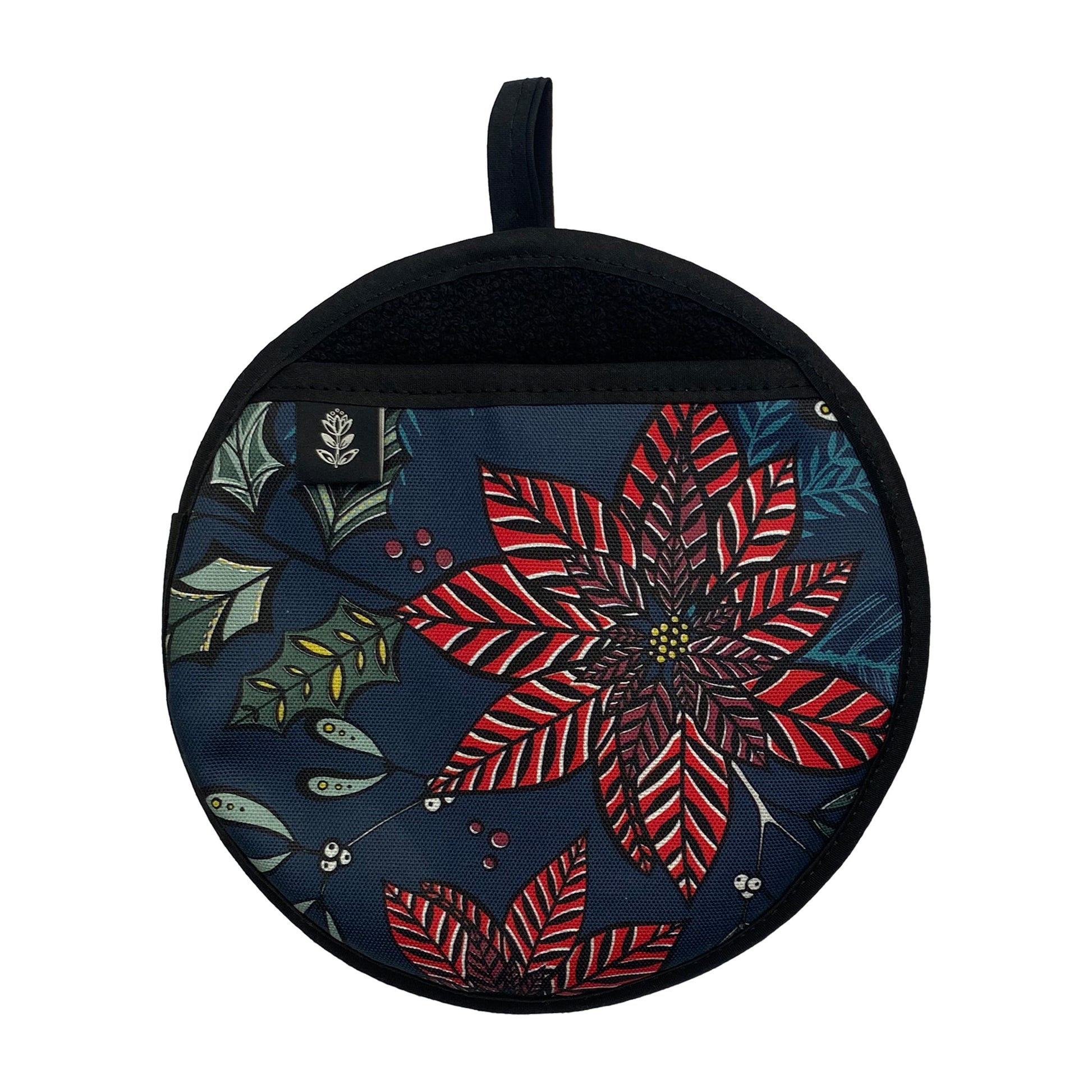 Navy Poinsettia pot holder on a white background.