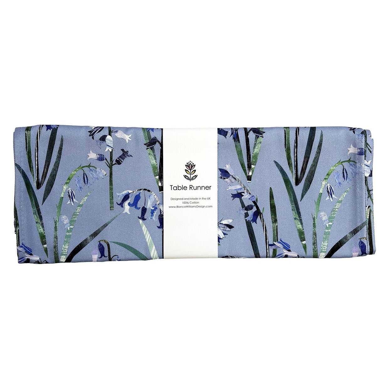 Table runner with bluebell floral design on a white background