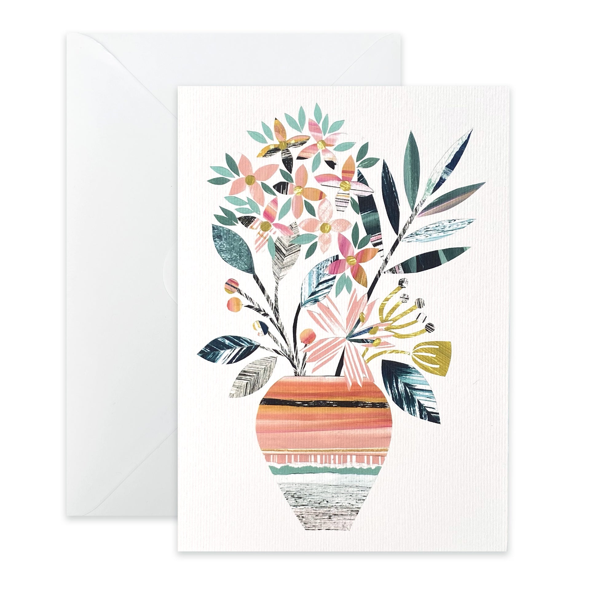 A white card with a Pink and Peach Vase of flowers has been placed on a white background with a white envelope.