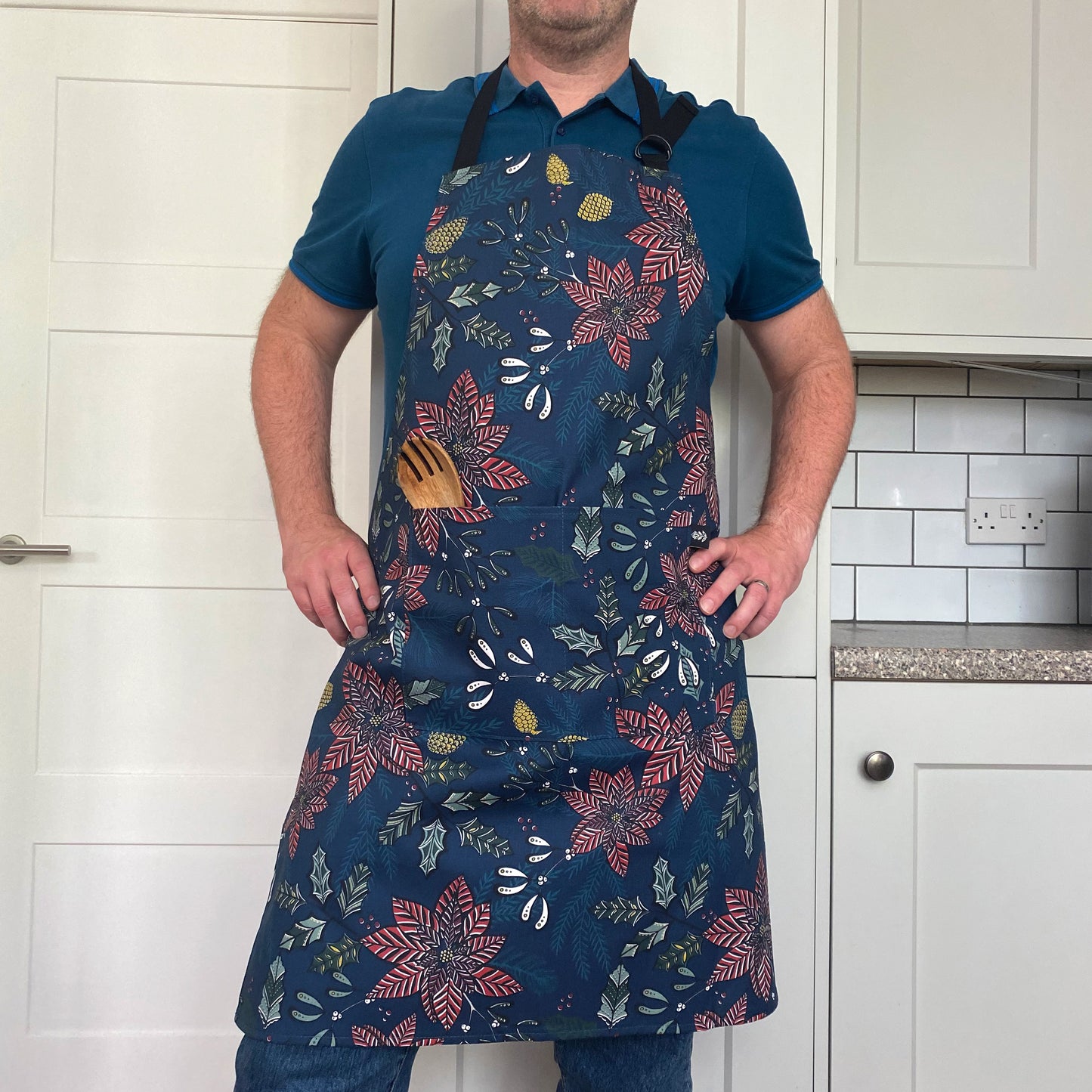 Navy Poinsettia Floral Apron