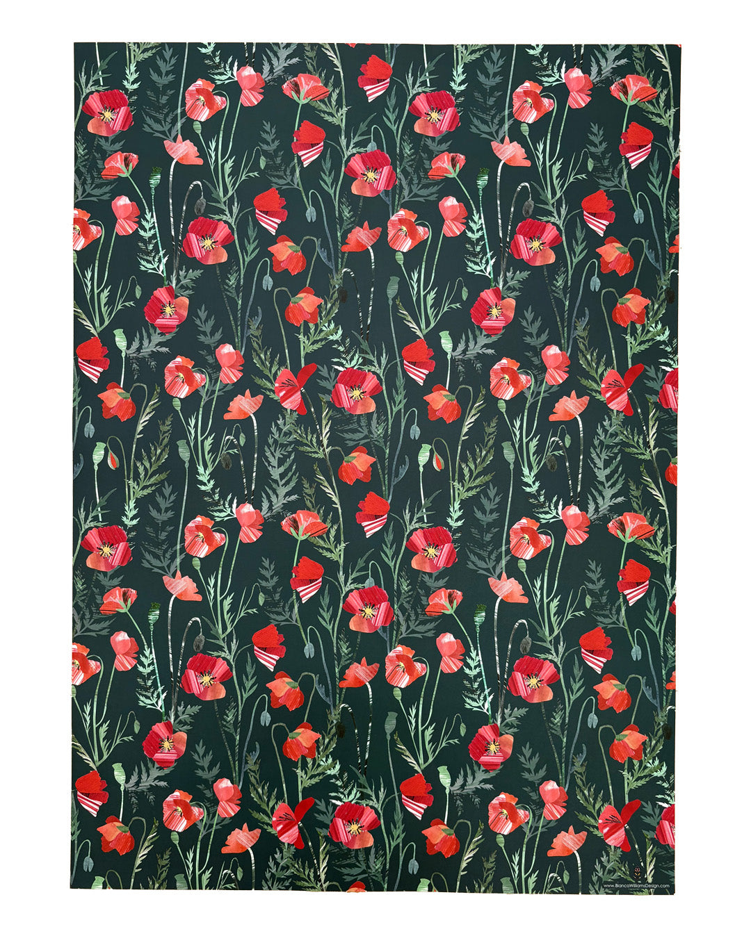 A sheet of Poppy Gift wrap has been laid flat on a white background.